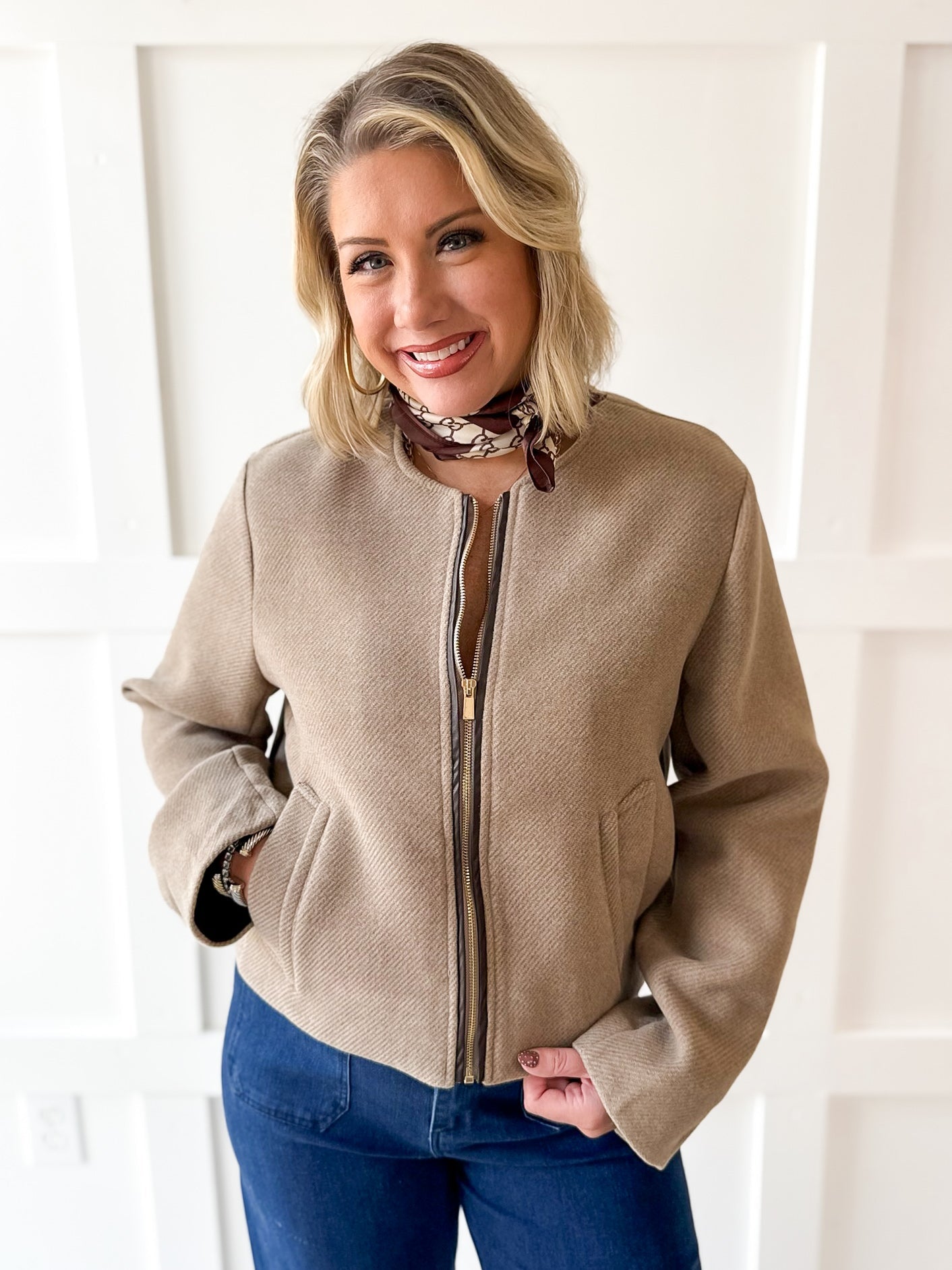 Pleather Trimmed Zip Front Jacket- Milk Tea