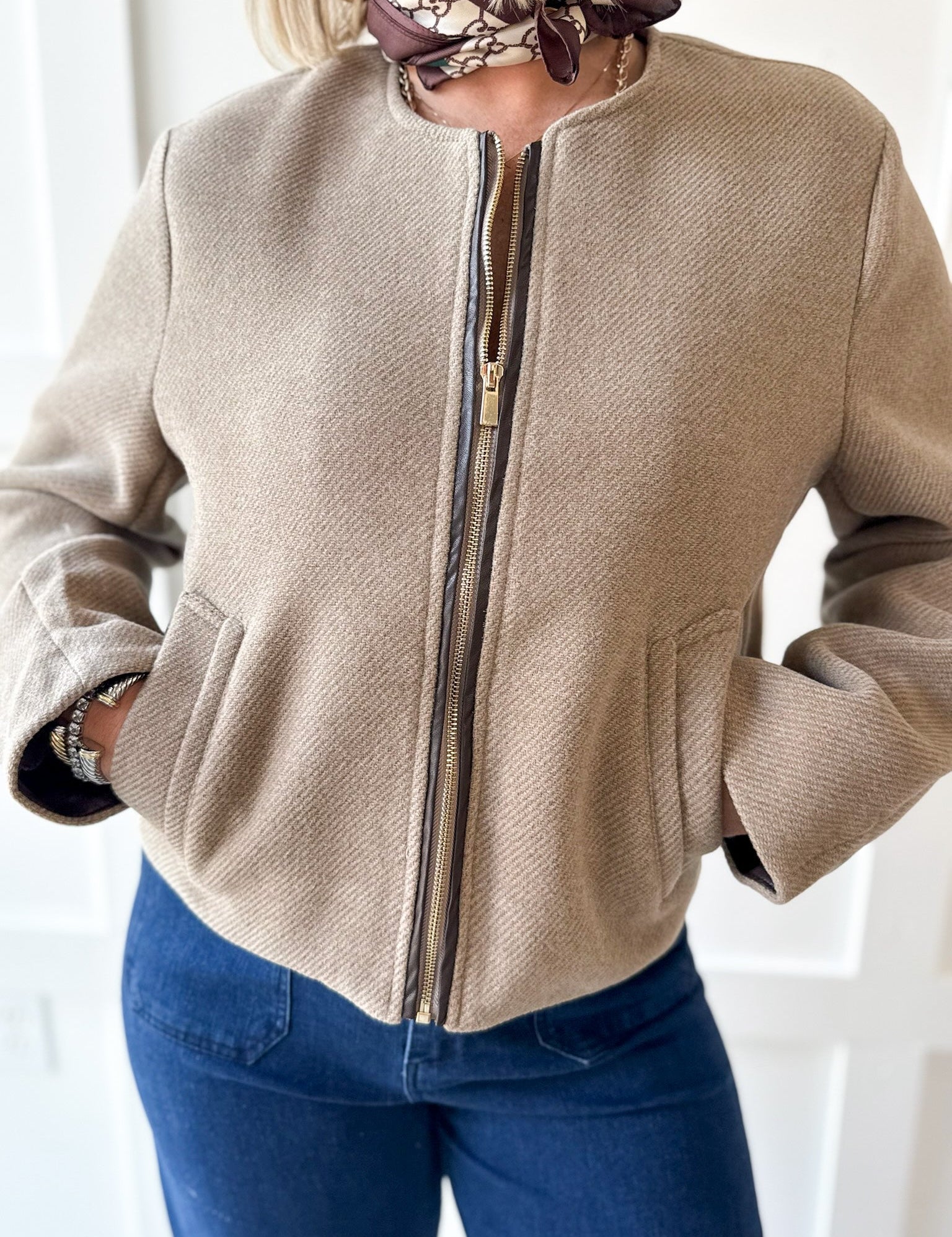 Pleather Trimmed Zip Front Jacket- Milk Tea