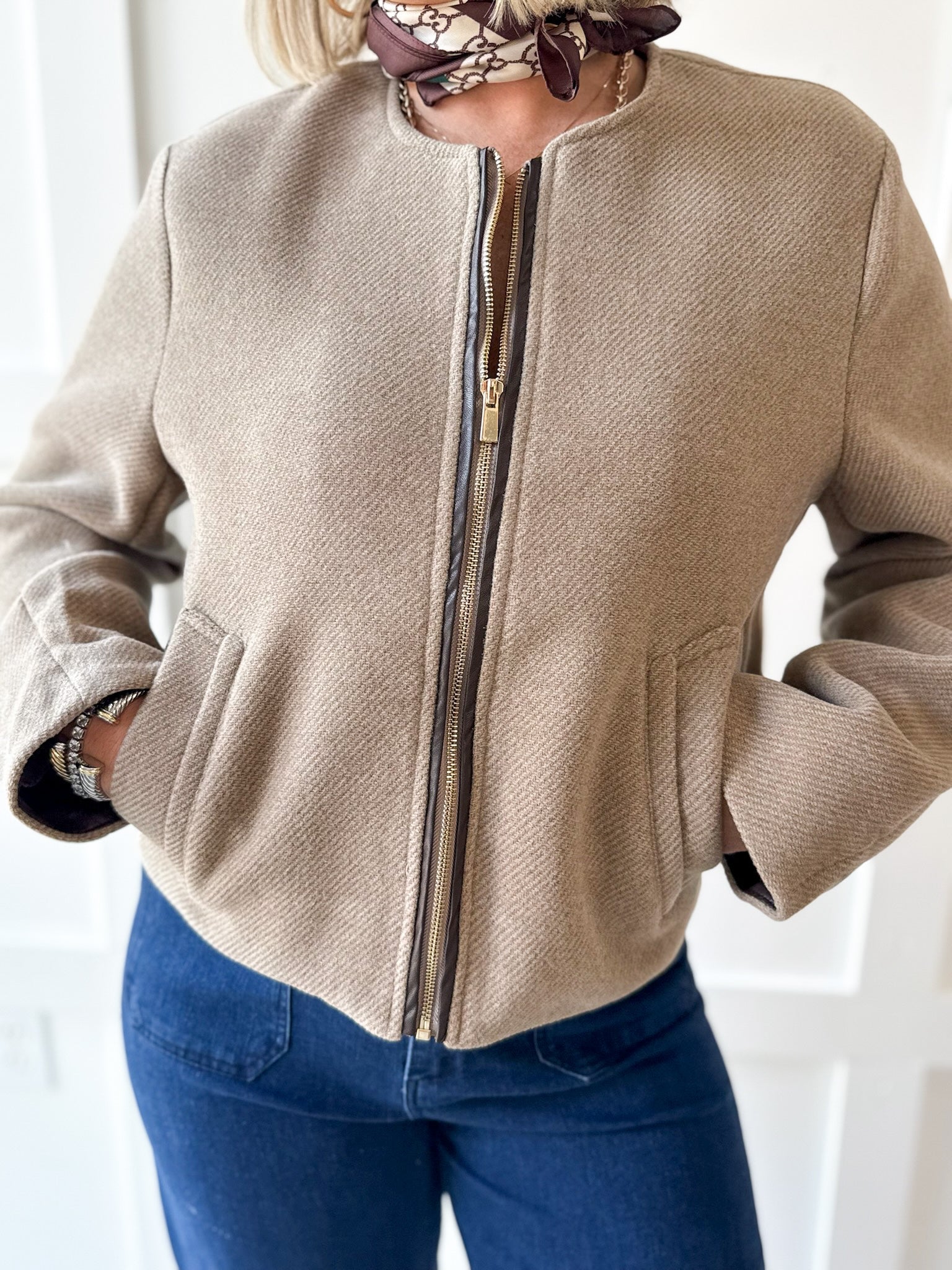 Pleather Trimmed Zip Front Jacket- Milk Tea