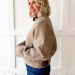 Pleather Trimmed Zip Front Jacket- Milk Tea