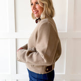 Pleather Trimmed Zip Front Jacket- Milk Tea