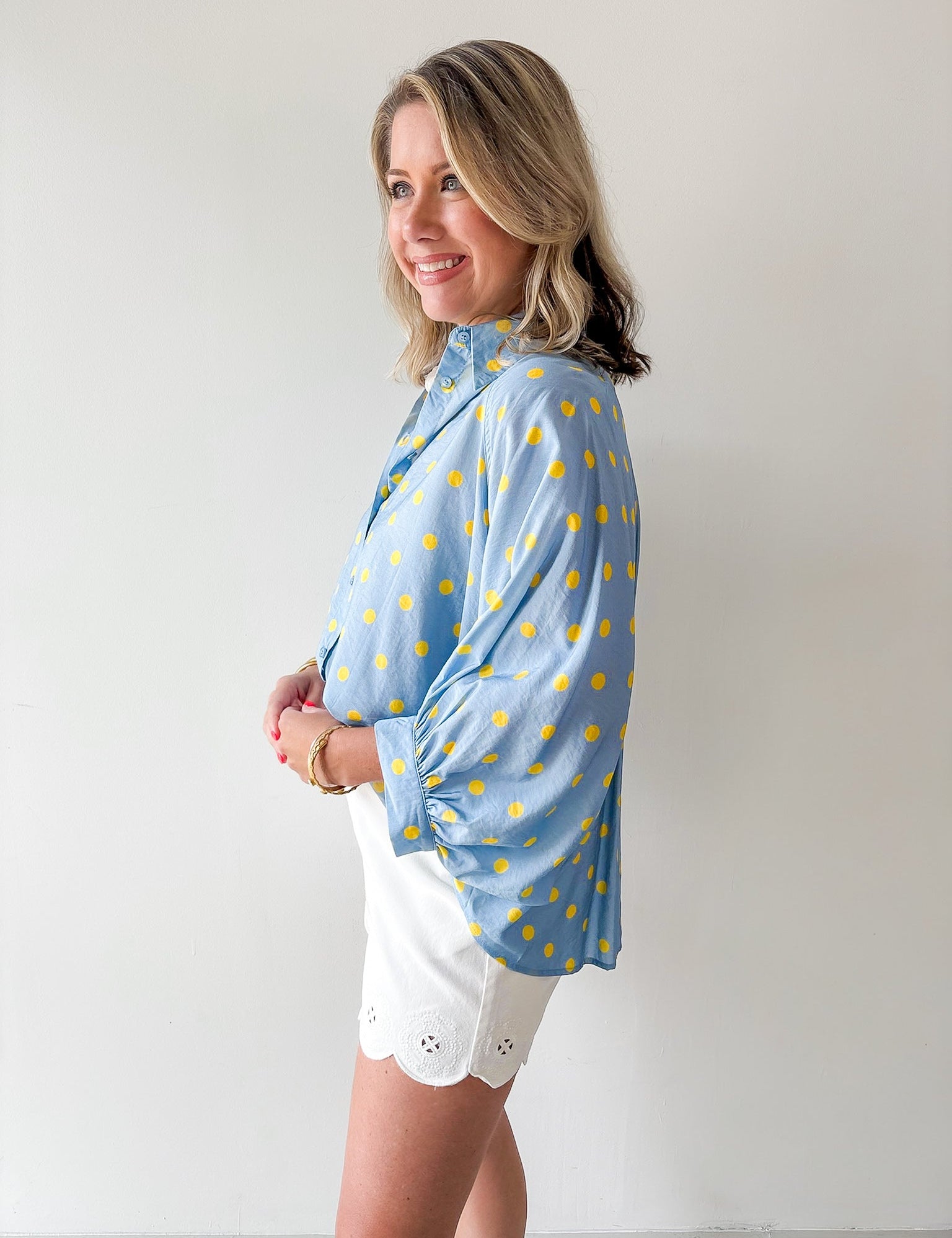 Polka Dot Button Front Shirt - Blue/Yellow