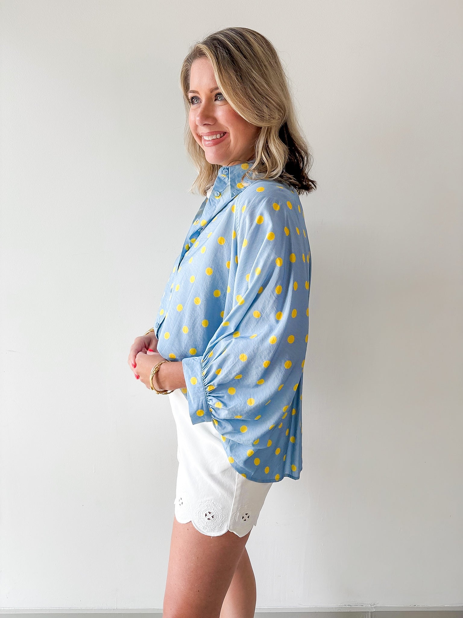 Polka Dot Button Front Shirt - Blue/Yellow