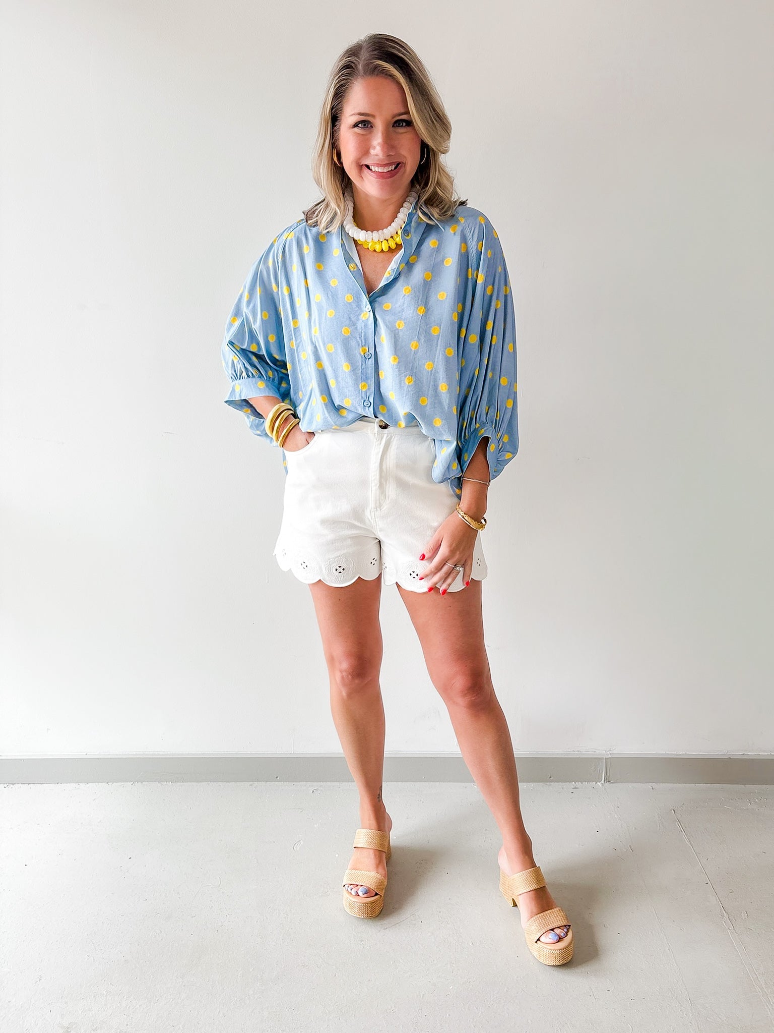 Polka Dot Button Front Shirt - Blue/Yellow