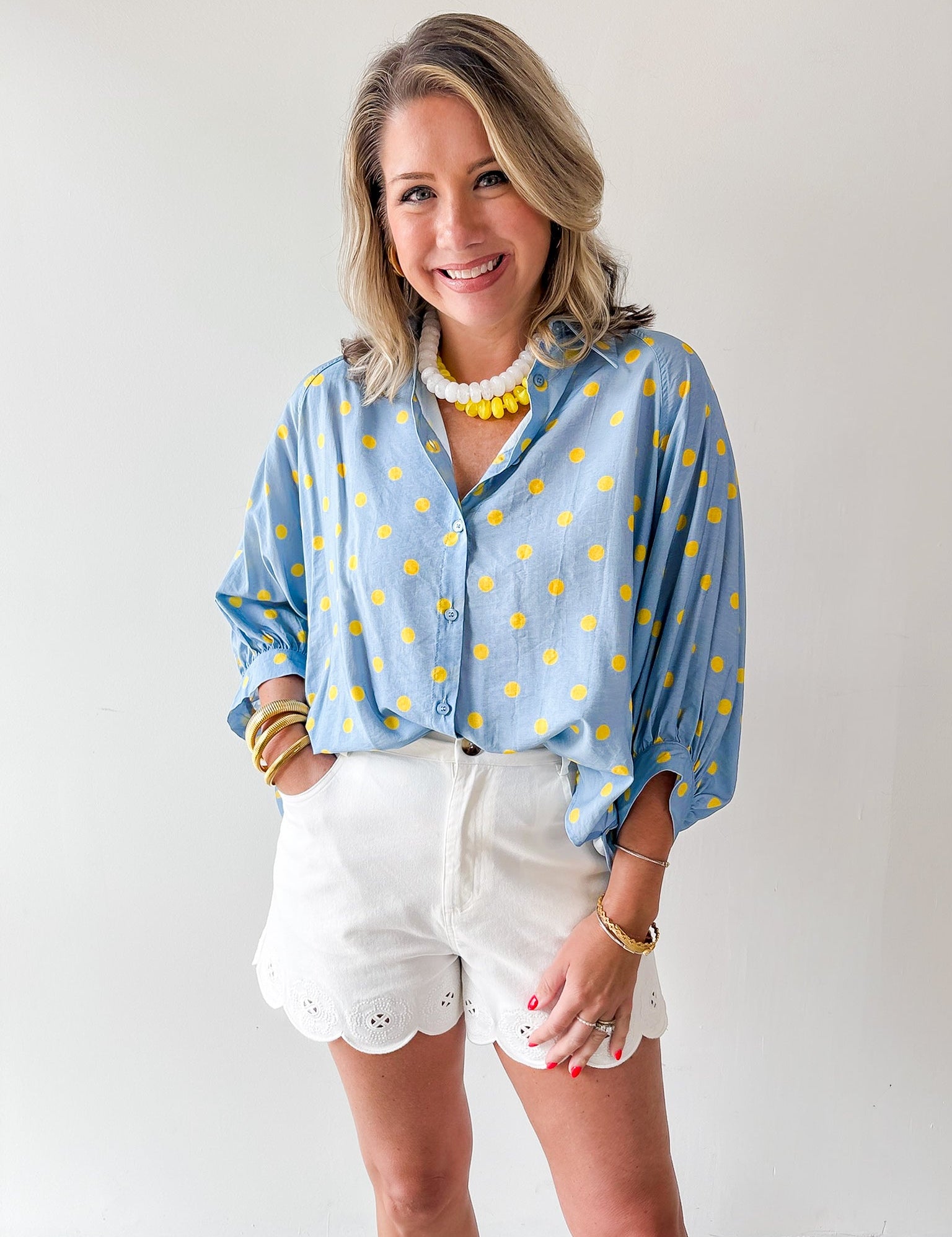 Polka Dot Button Front Shirt - Blue/Yellow