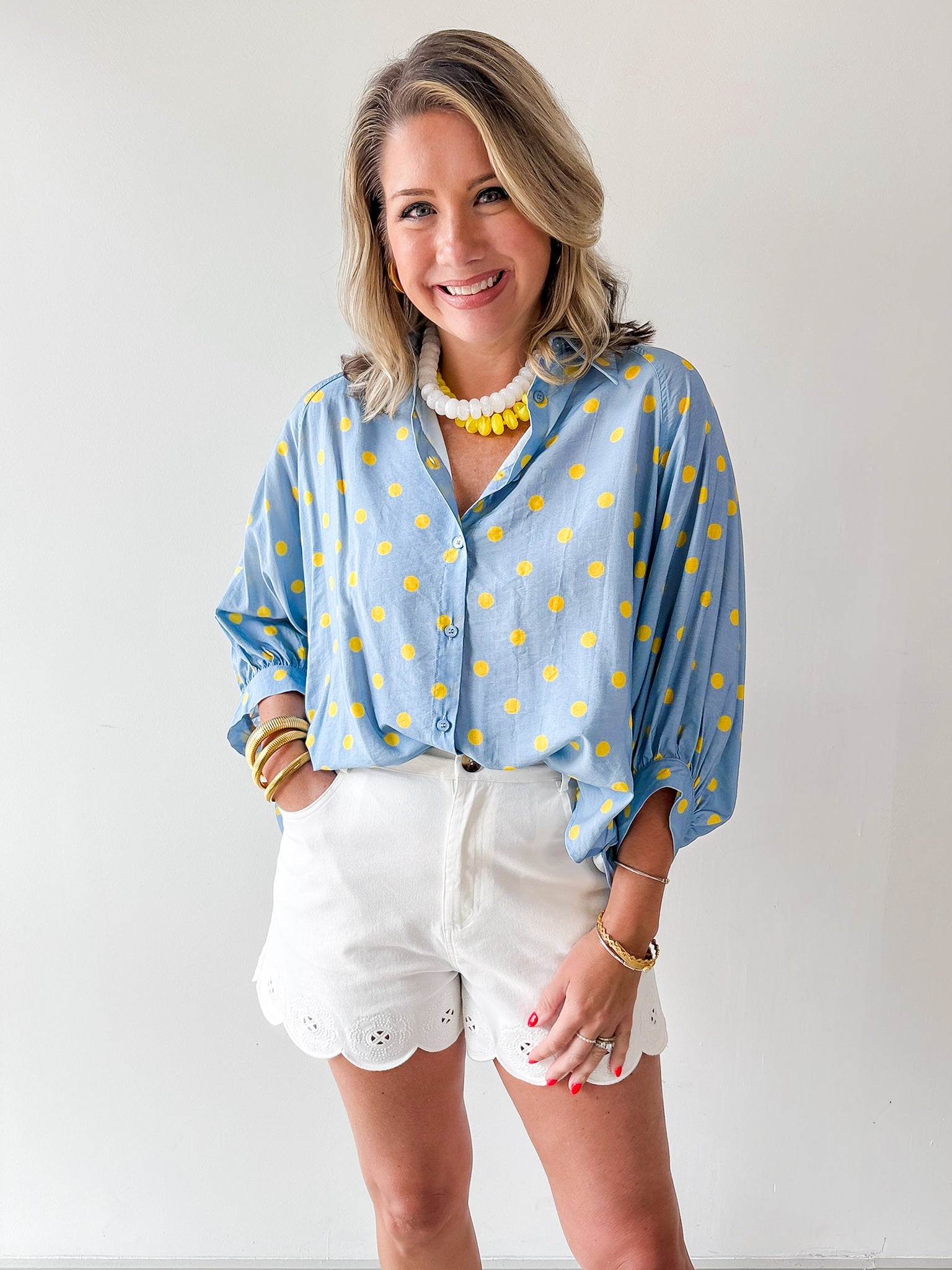 Polka Dot Button Front Shirt - Blue/Yellow