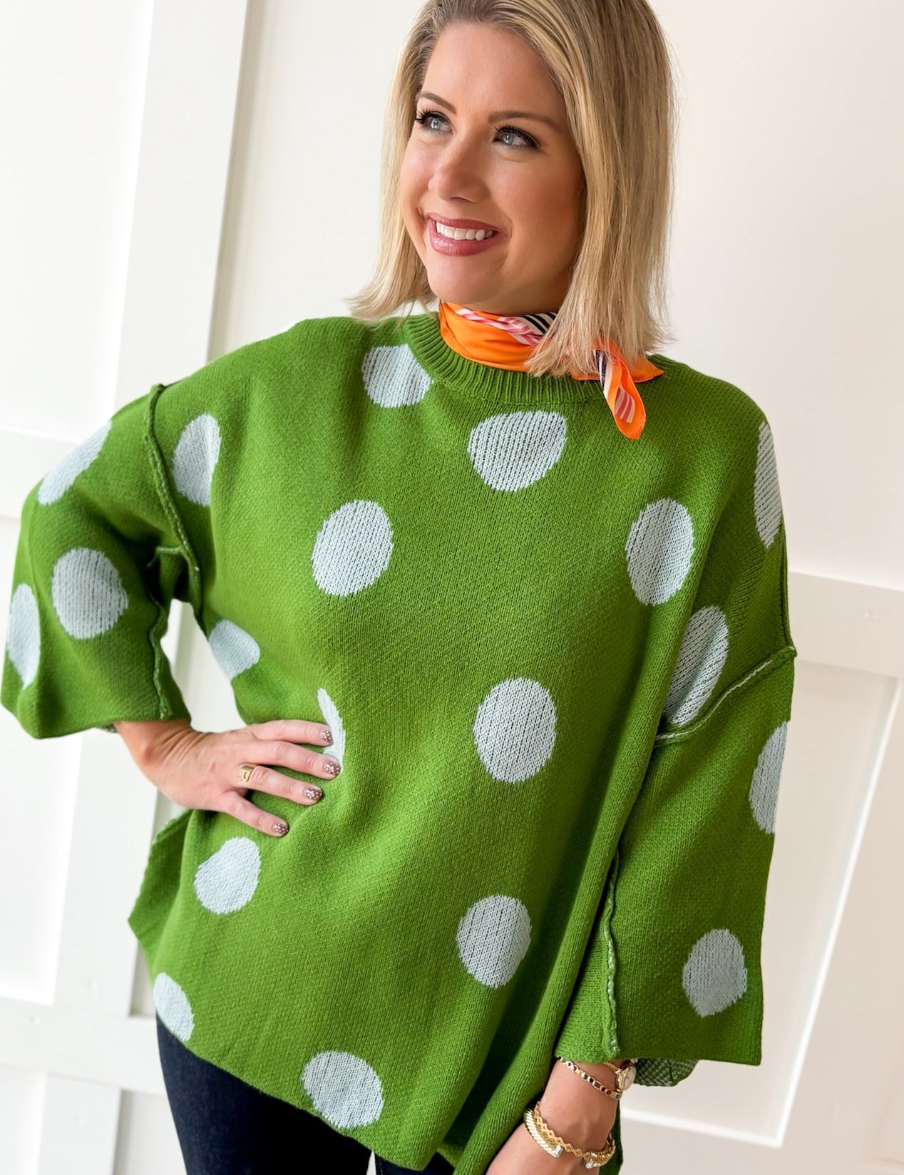Polka dot Flare Sleeve Sweater- Green