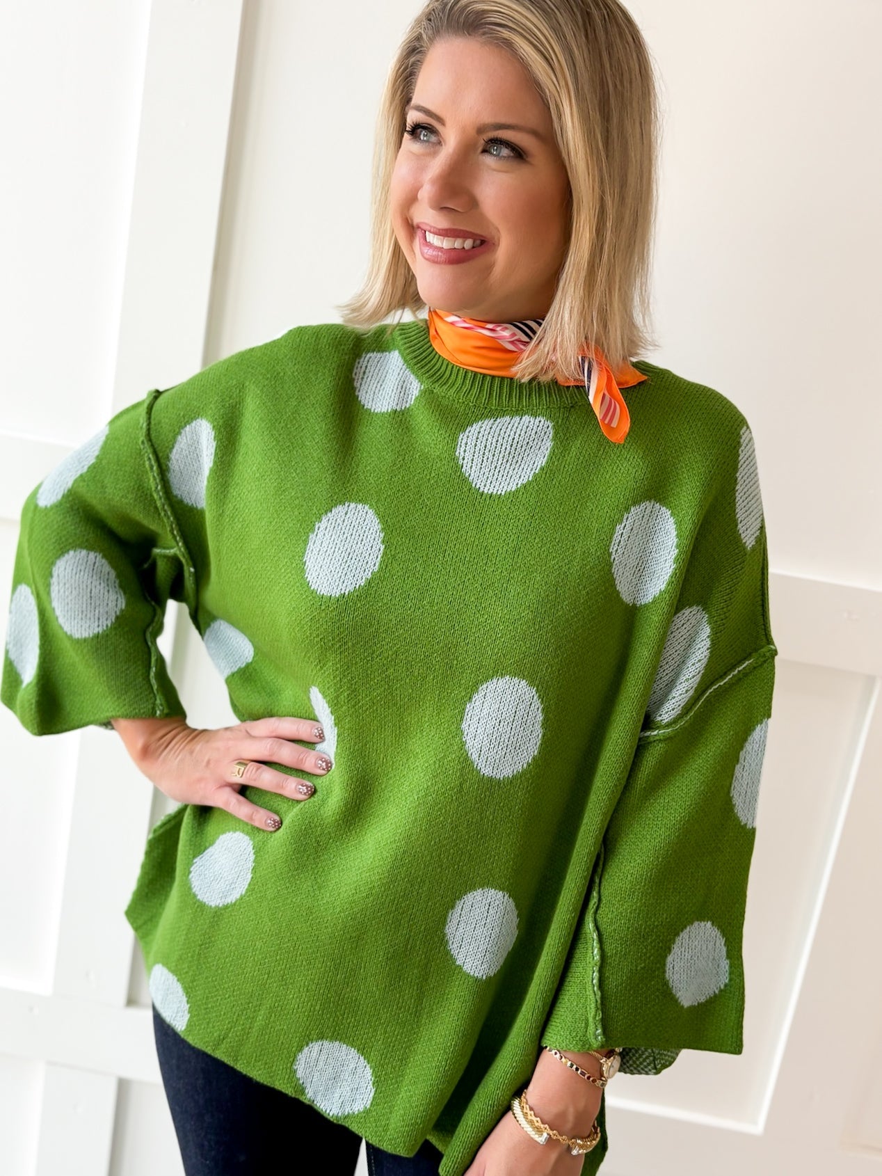 Polka dot Flare Sleeve Sweater- Green