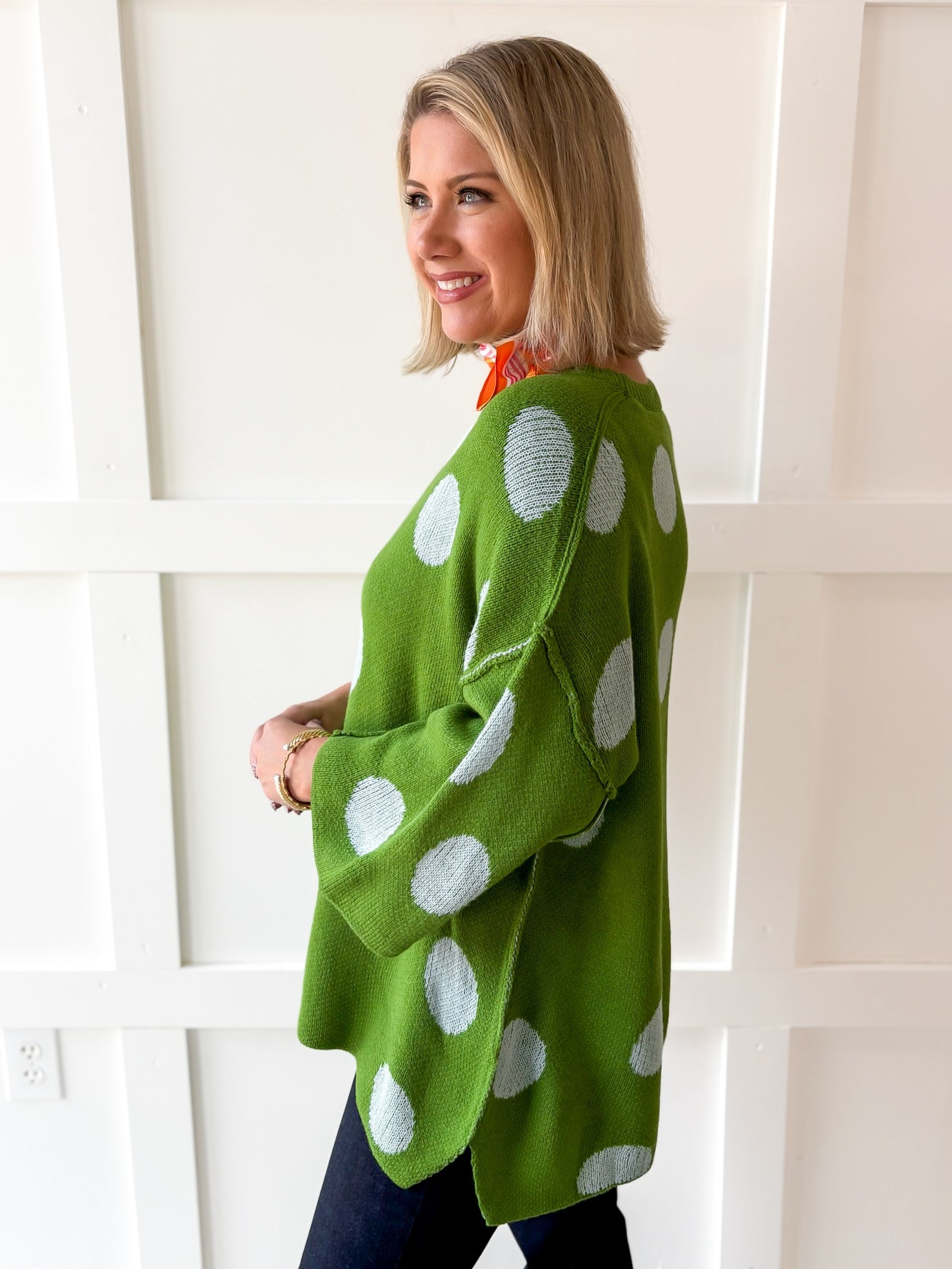 Polka dot Flare Sleeve Sweater- Green