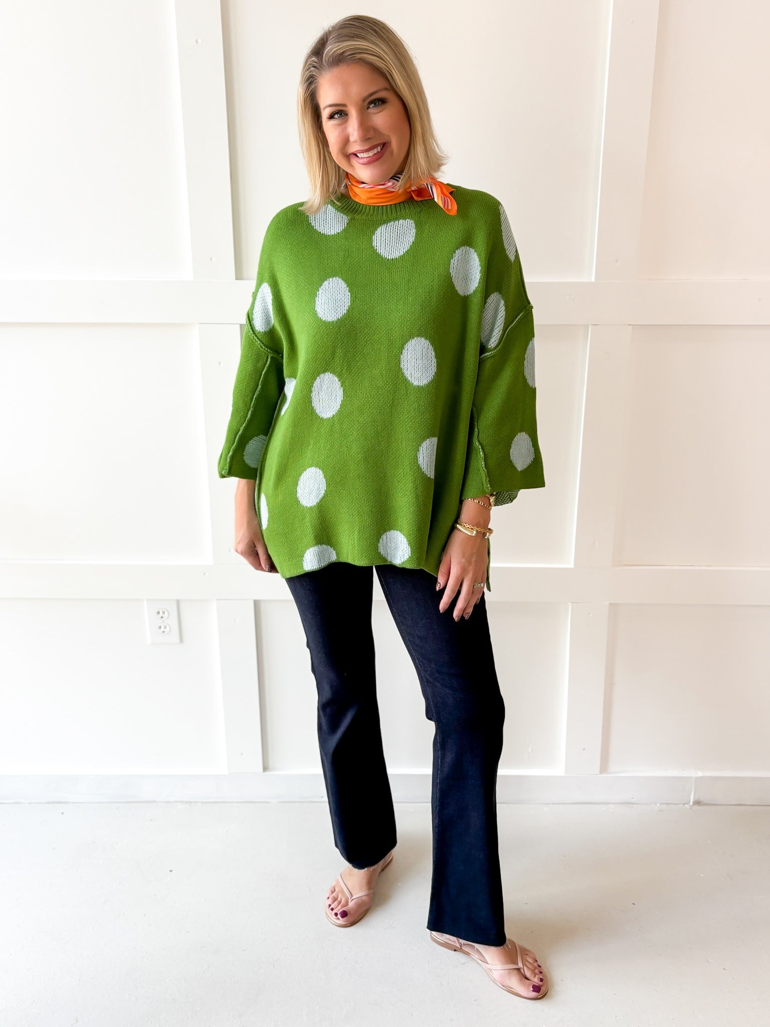 Polka dot Flare Sleeve Sweater- Green