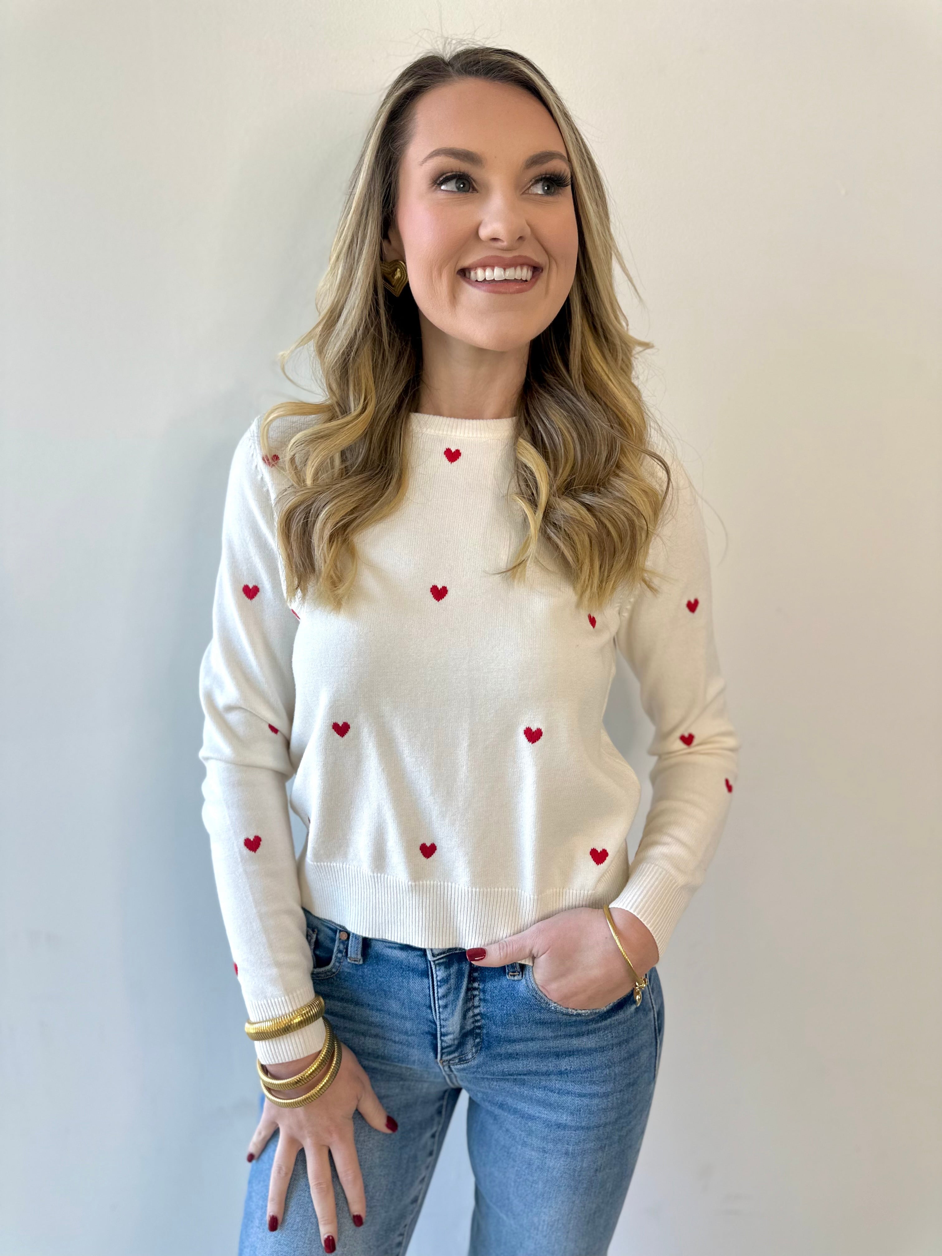 Polka Dot Heart Sweater - Red/Cream