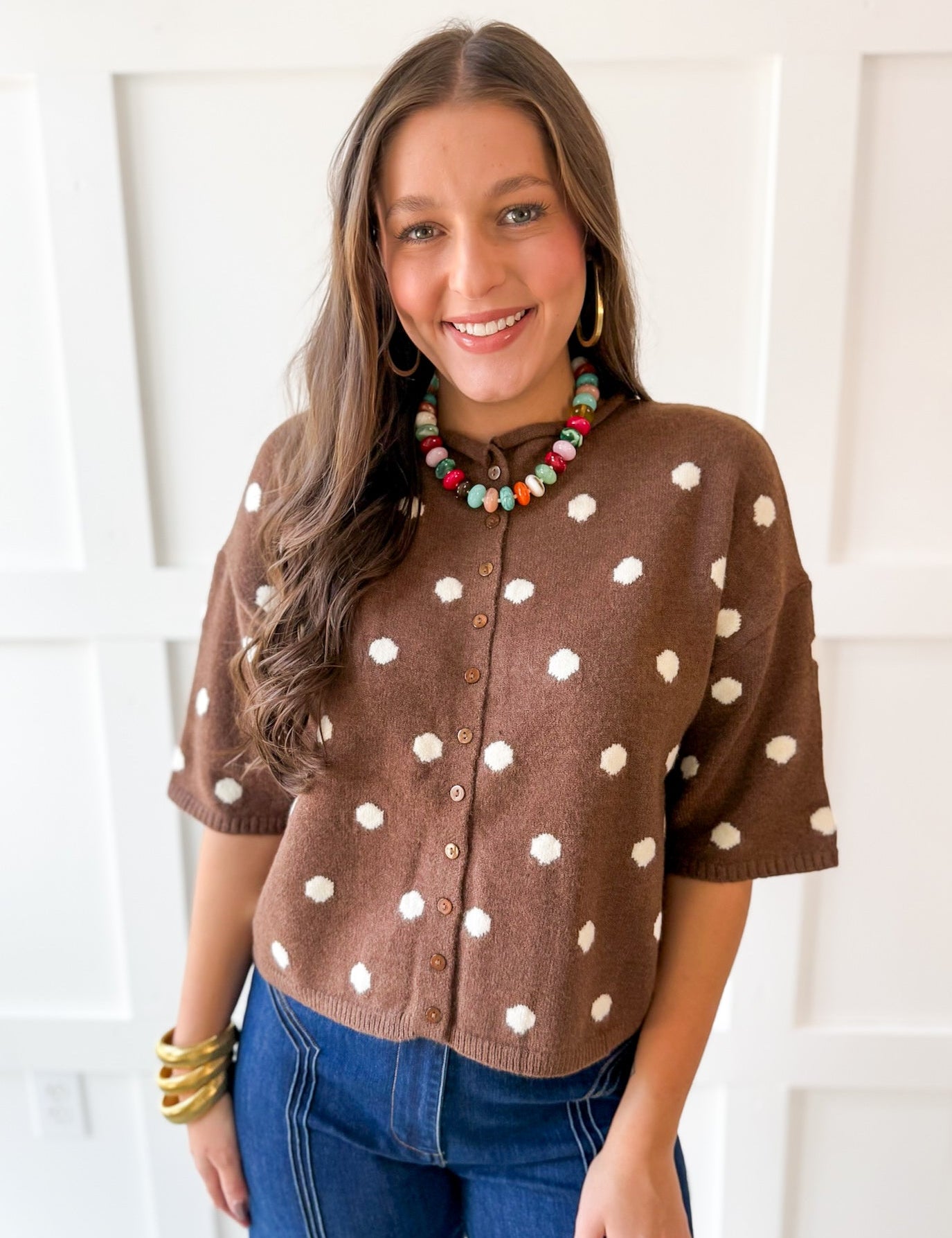 Polka dot Knit Cardigan - Brown