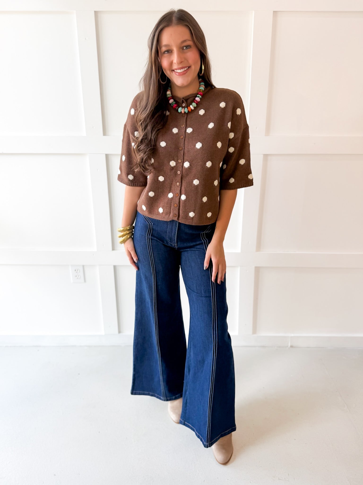 Polka dot Knit Cardigan - Brown