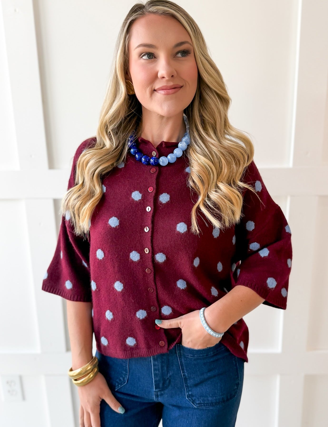 Polka Dot Knit Cardigan -Wine