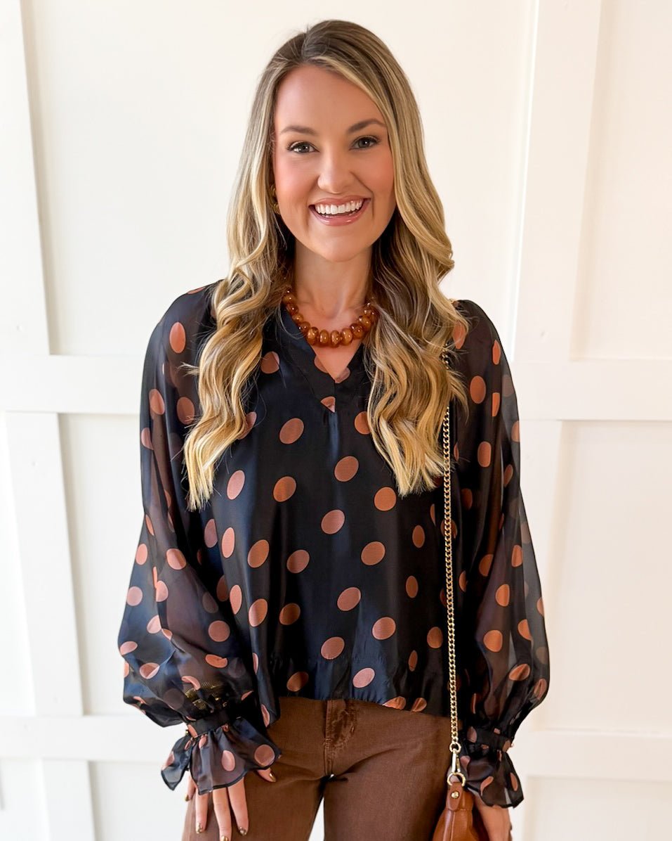 Polka Dot Long Puff Sleeve Top - Black
