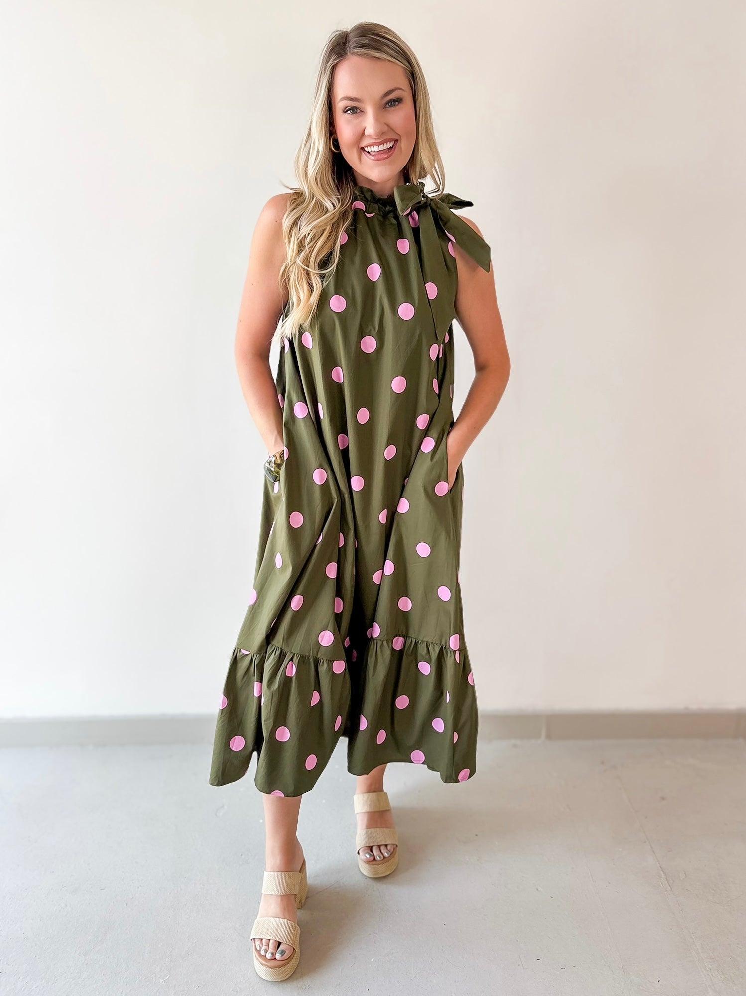 Polka Dot Midi Dress with Ruffled Neck Tie - Olive