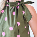 Polka Dot Midi Dress with Ruffled Neck Tie - Olive