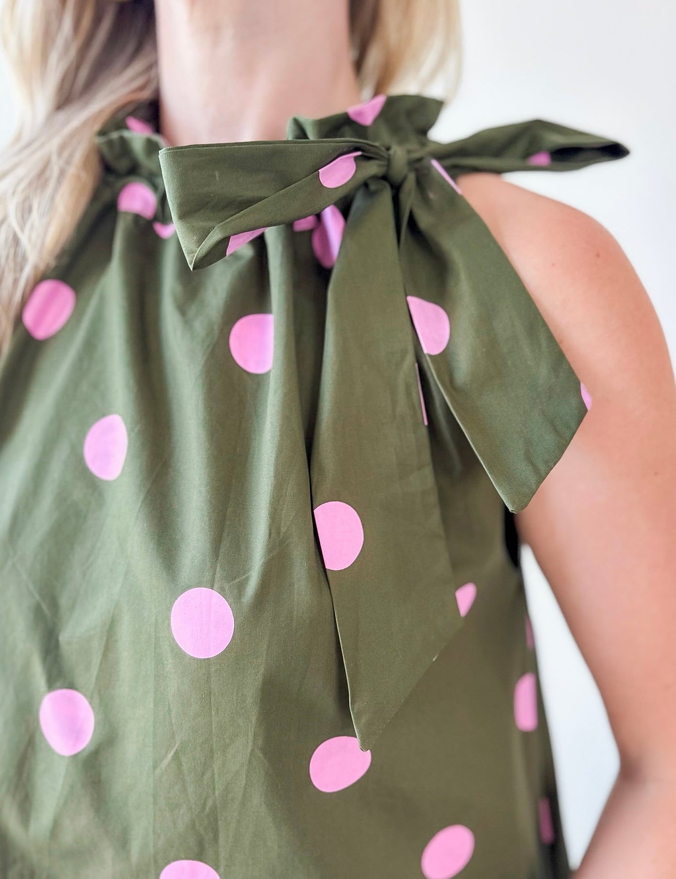 Polka Dot Midi Dress with Ruffled Neck Tie - Olive