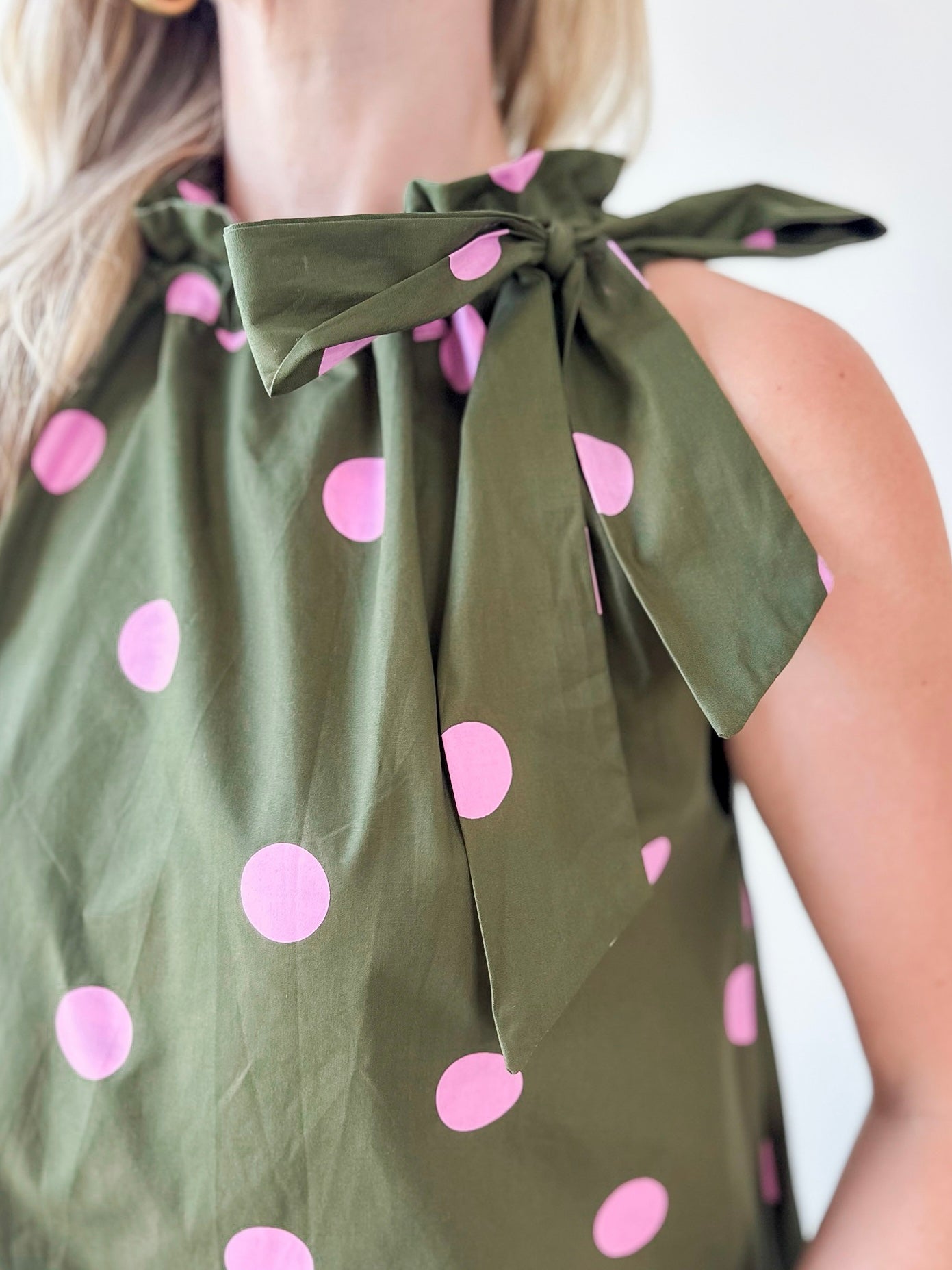 Polka Dot Midi Dress with Ruffled Neck Tie - Olive