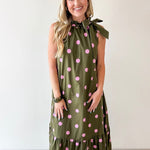 Polka Dot Midi Dress with Ruffled Neck Tie - Olive