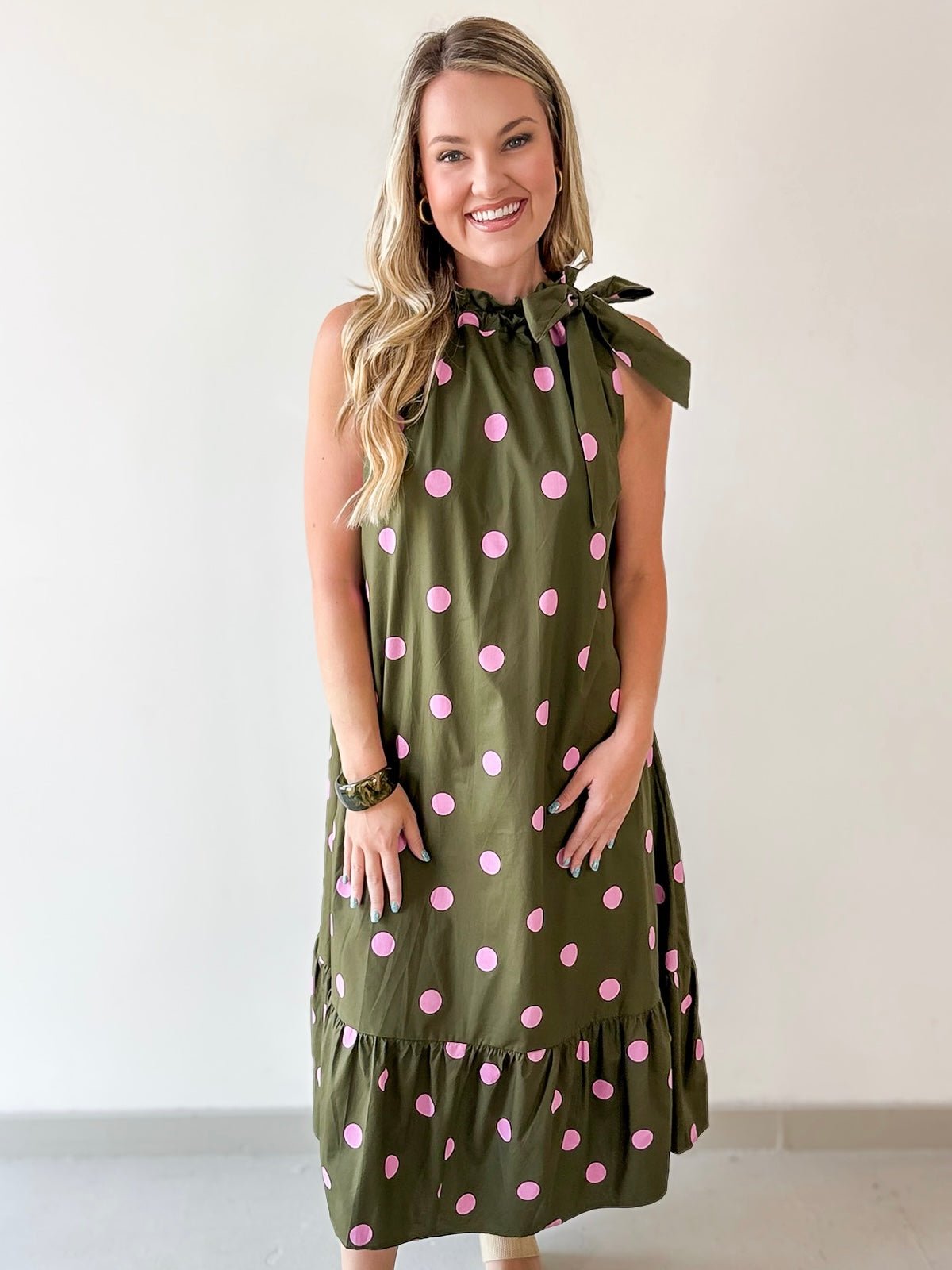 Polka Dot Midi Dress with Ruffled Neck Tie - Olive