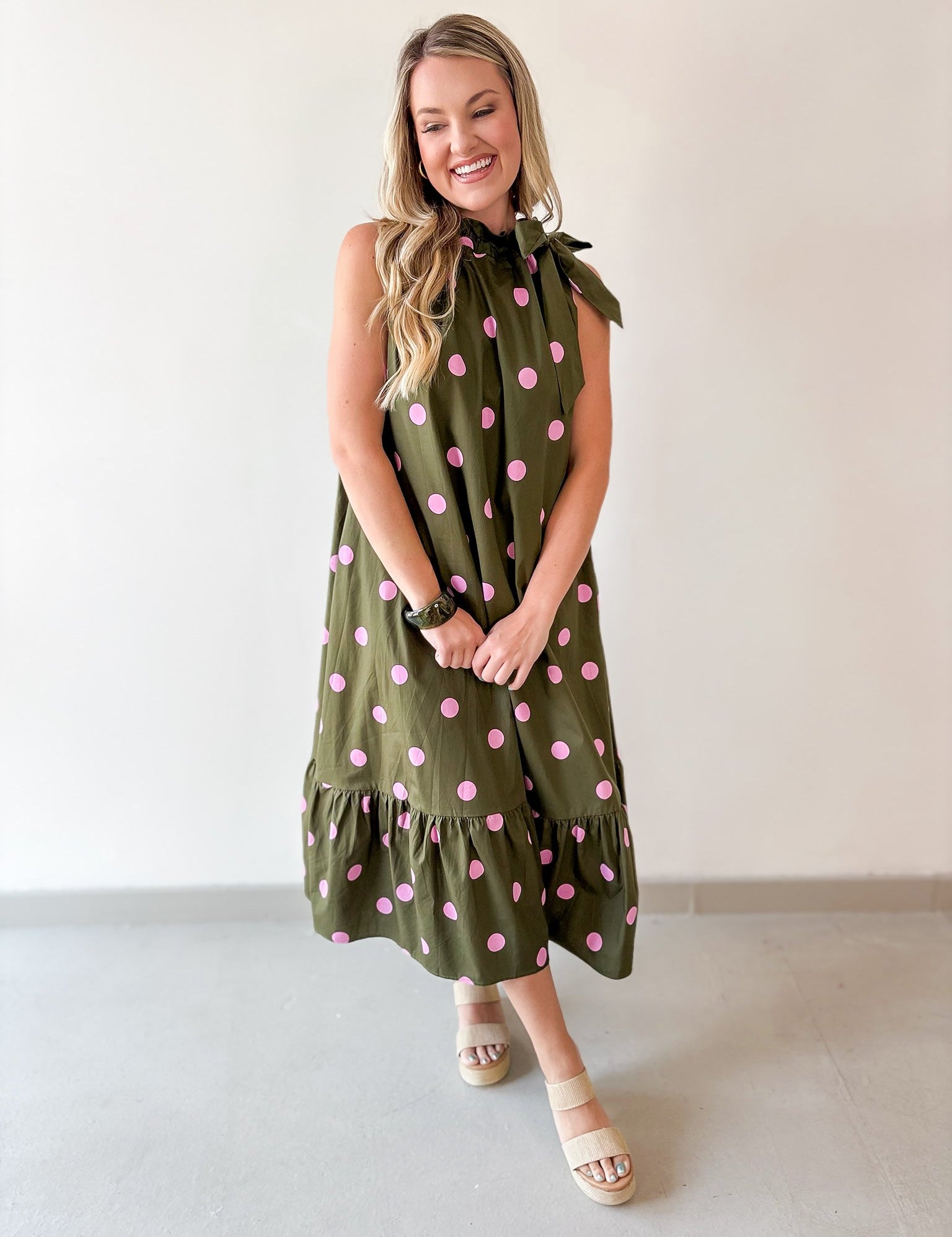 Polka Dot Midi Dress with Ruffled Neck Tie - Olive