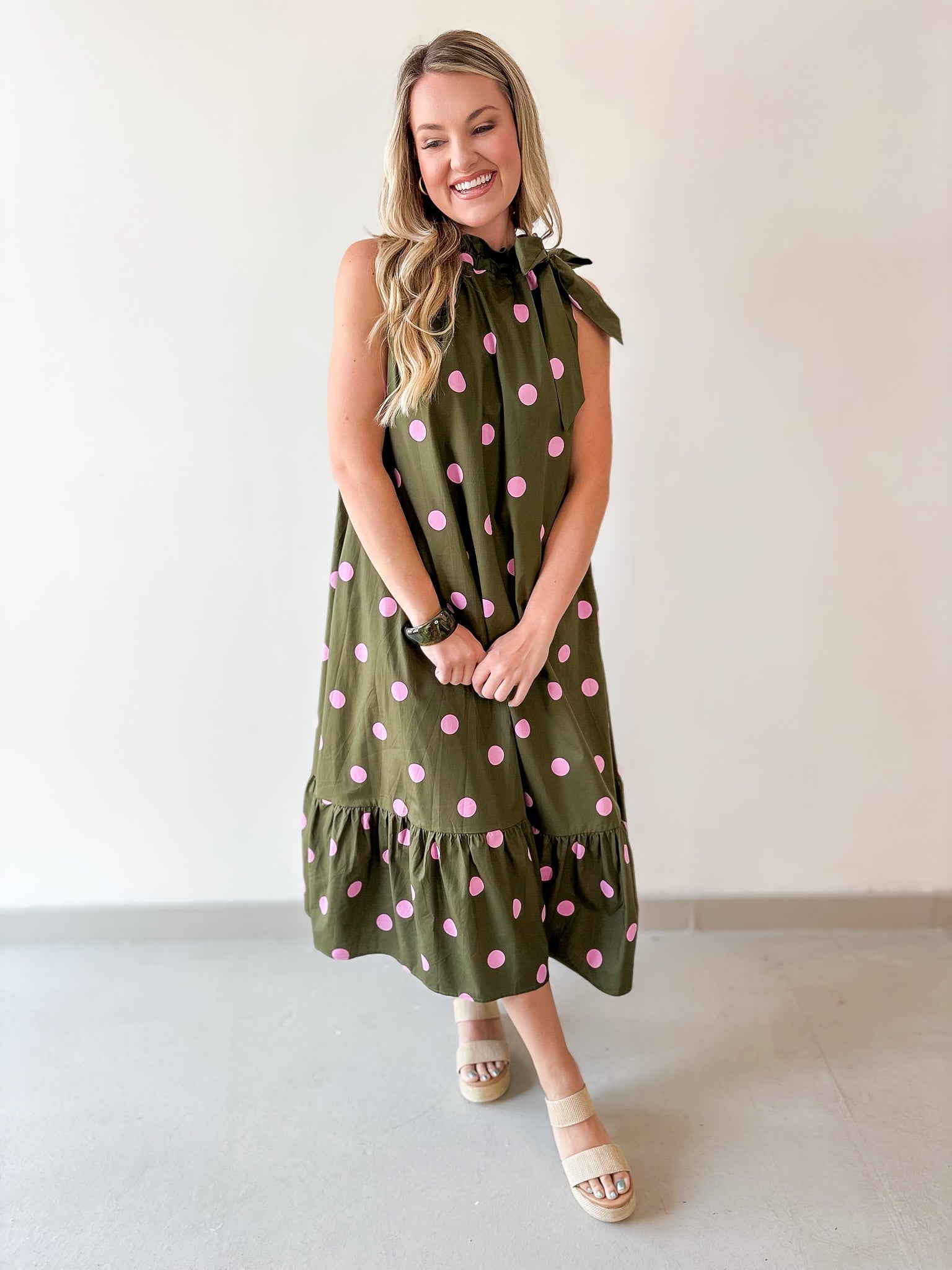 Polka Dot Midi Dress with Ruffled Neck Tie - Olive