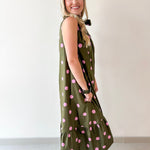 Polka Dot Midi Dress with Ruffled Neck Tie - Olive