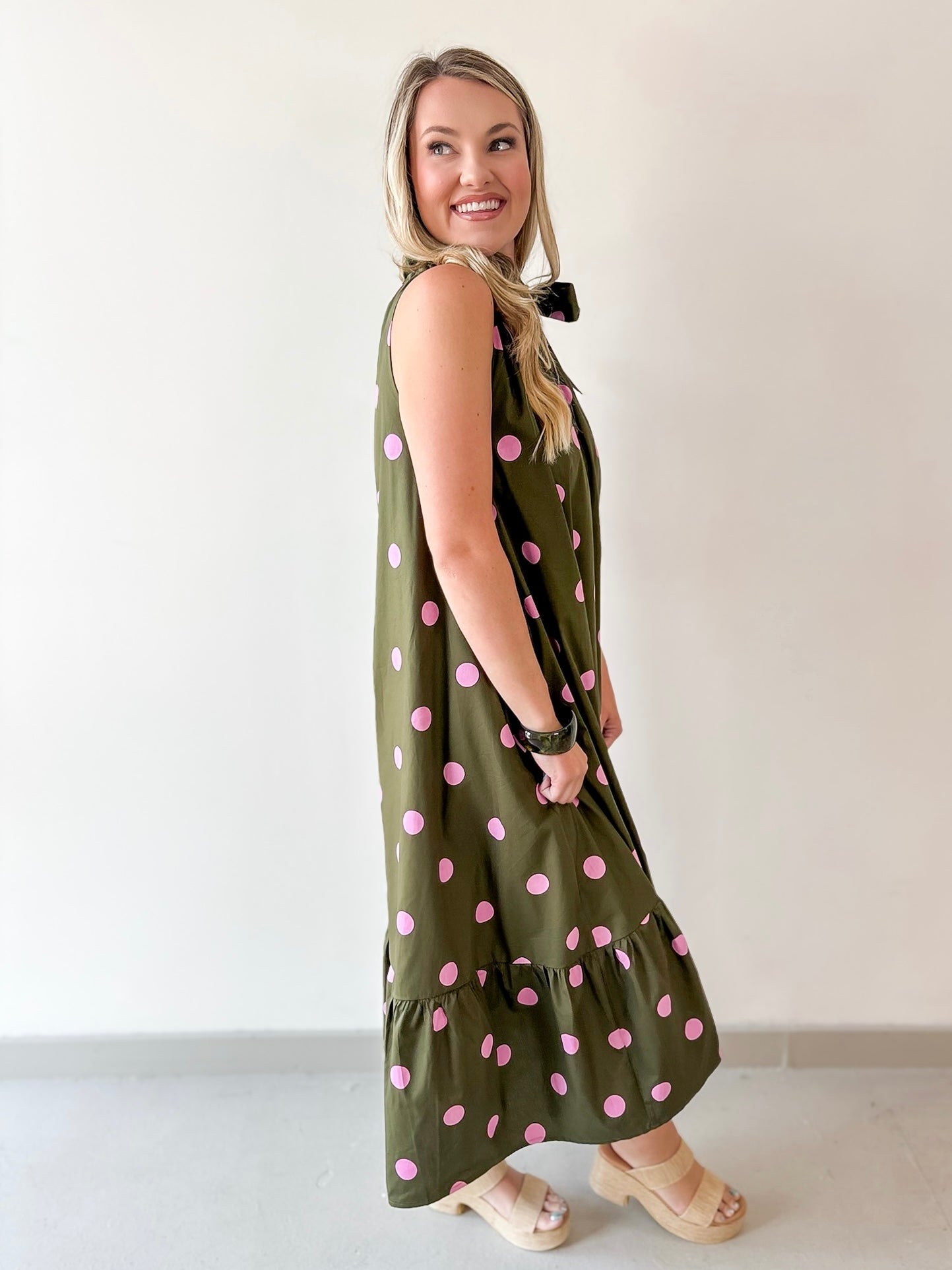 Polka Dot Midi Dress with Ruffled Neck Tie - Olive