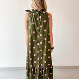 Polka Dot Midi Dress with Ruffled Neck Tie - Olive