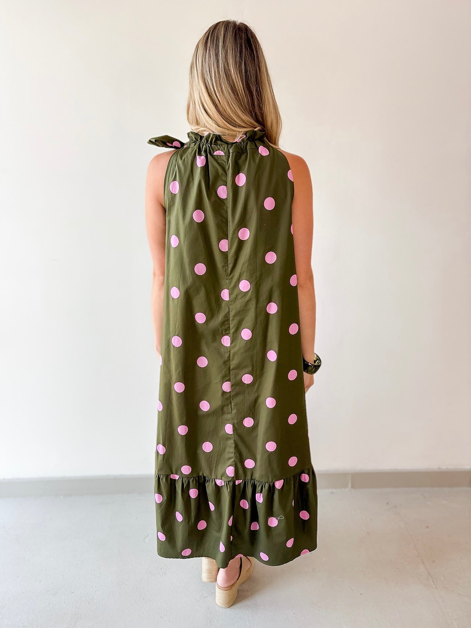 Polka Dot Midi Dress with Ruffled Neck Tie - Olive