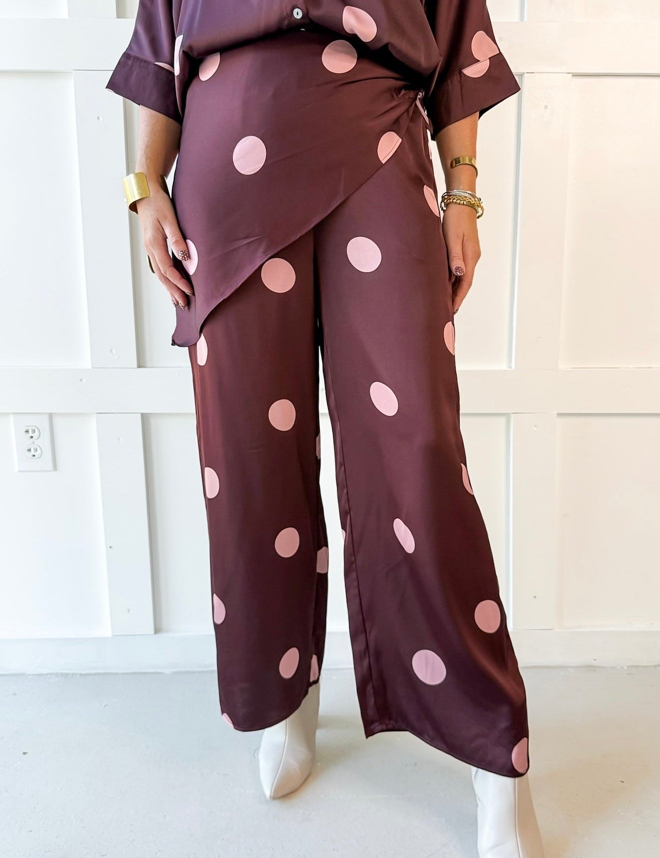 Polka Dot Overlay Pants- Burgandy