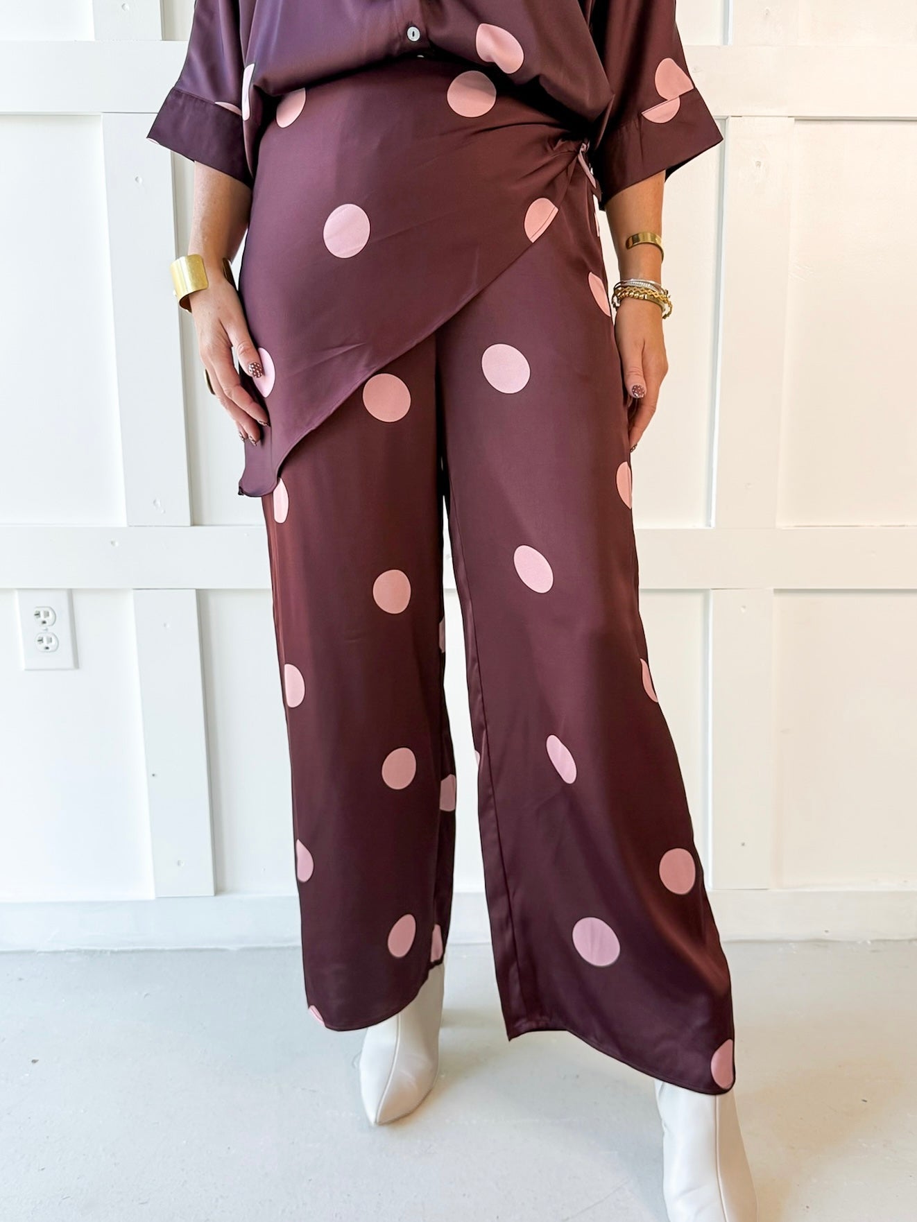 Polka Dot Overlay Pants- Burgandy