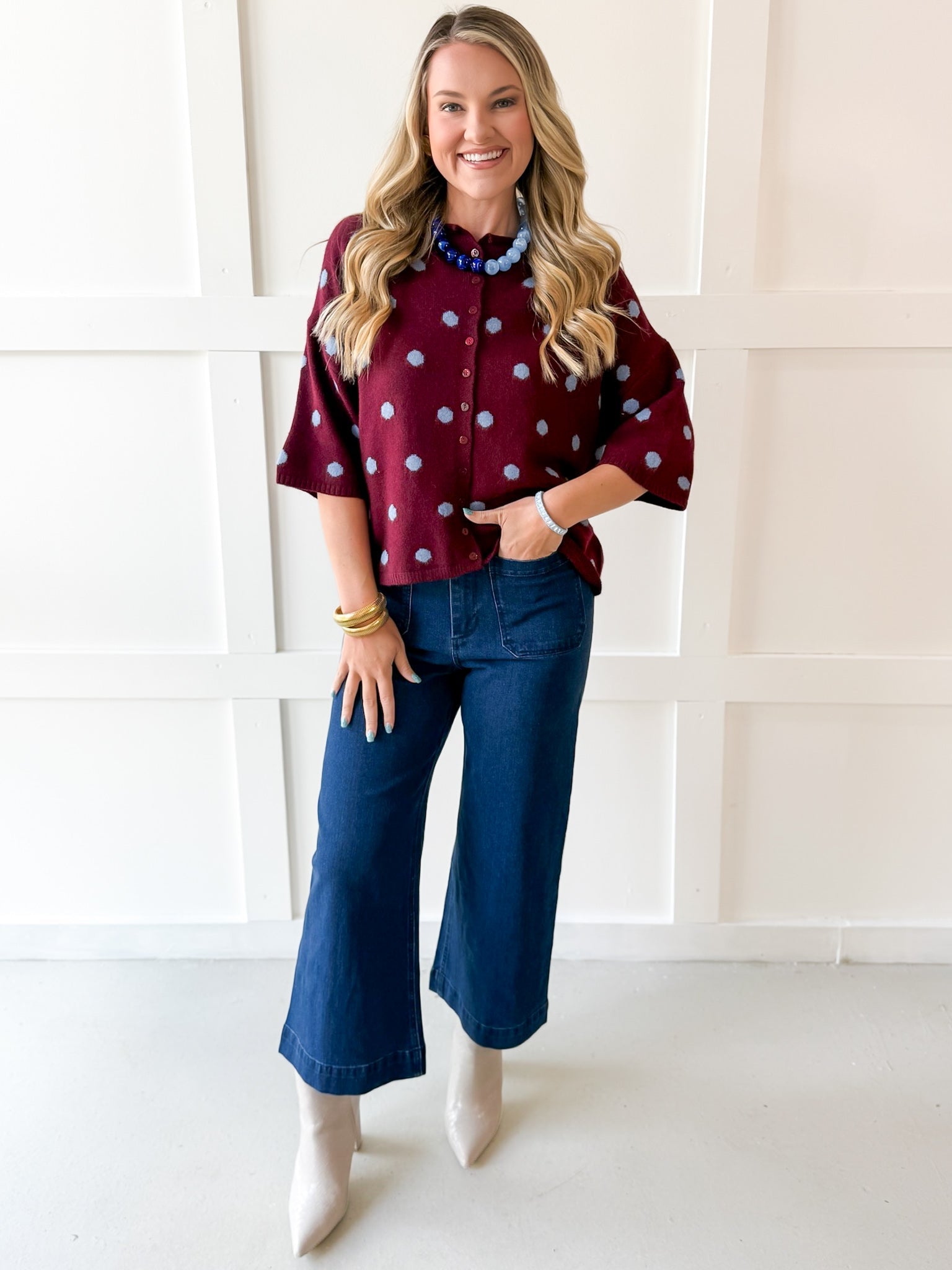 Polka Dot Oversized Knit Top- Burgandy