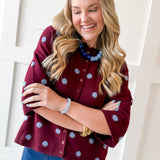 Polka Dot Oversized Knit Top- Burgandy