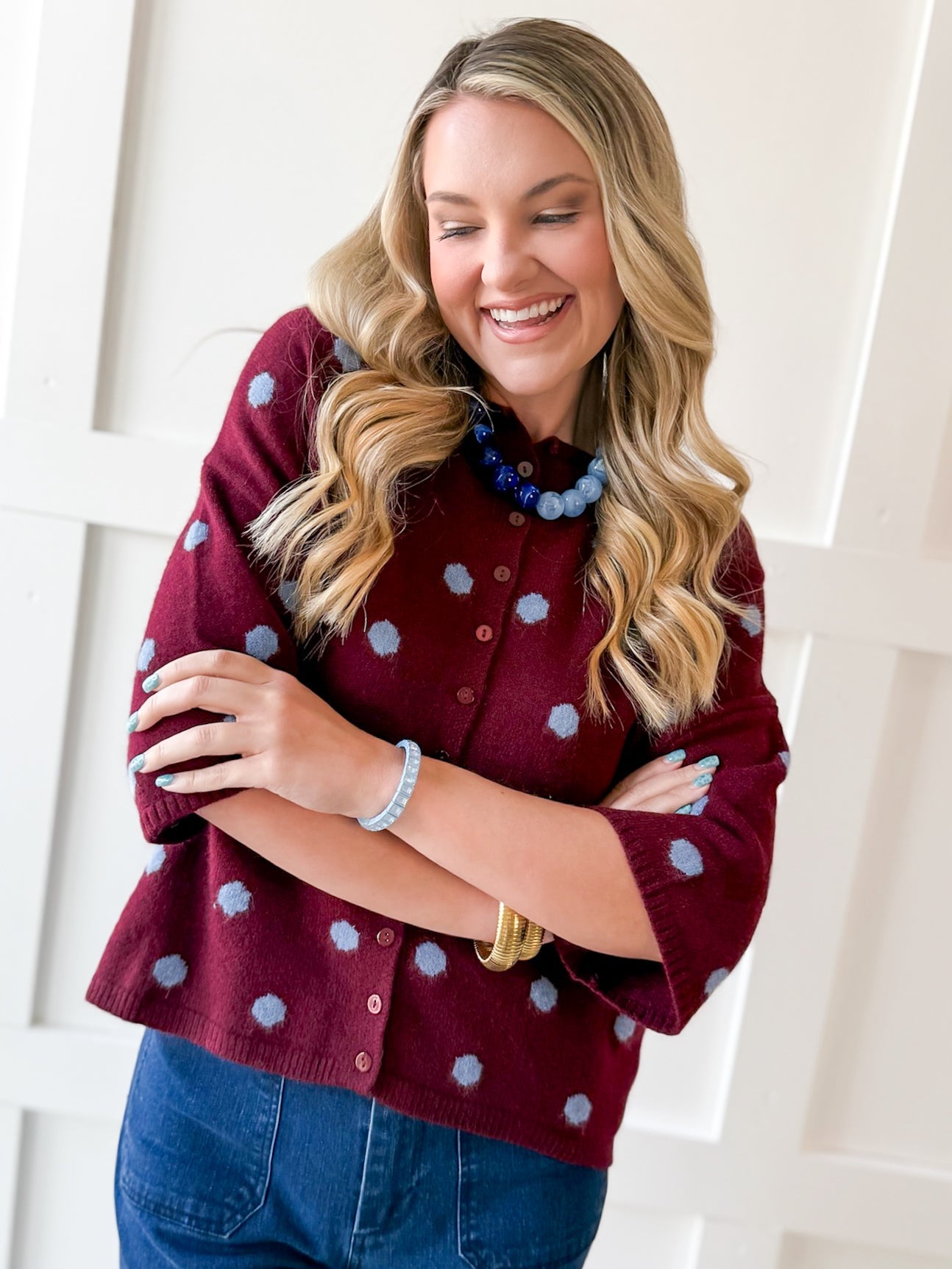 Polka Dot Oversized Knit Top- Burgandy