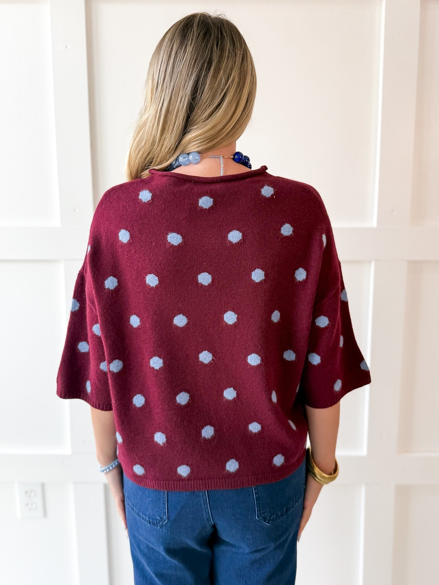 Polka Dot Oversized Knit Top- Burgandy