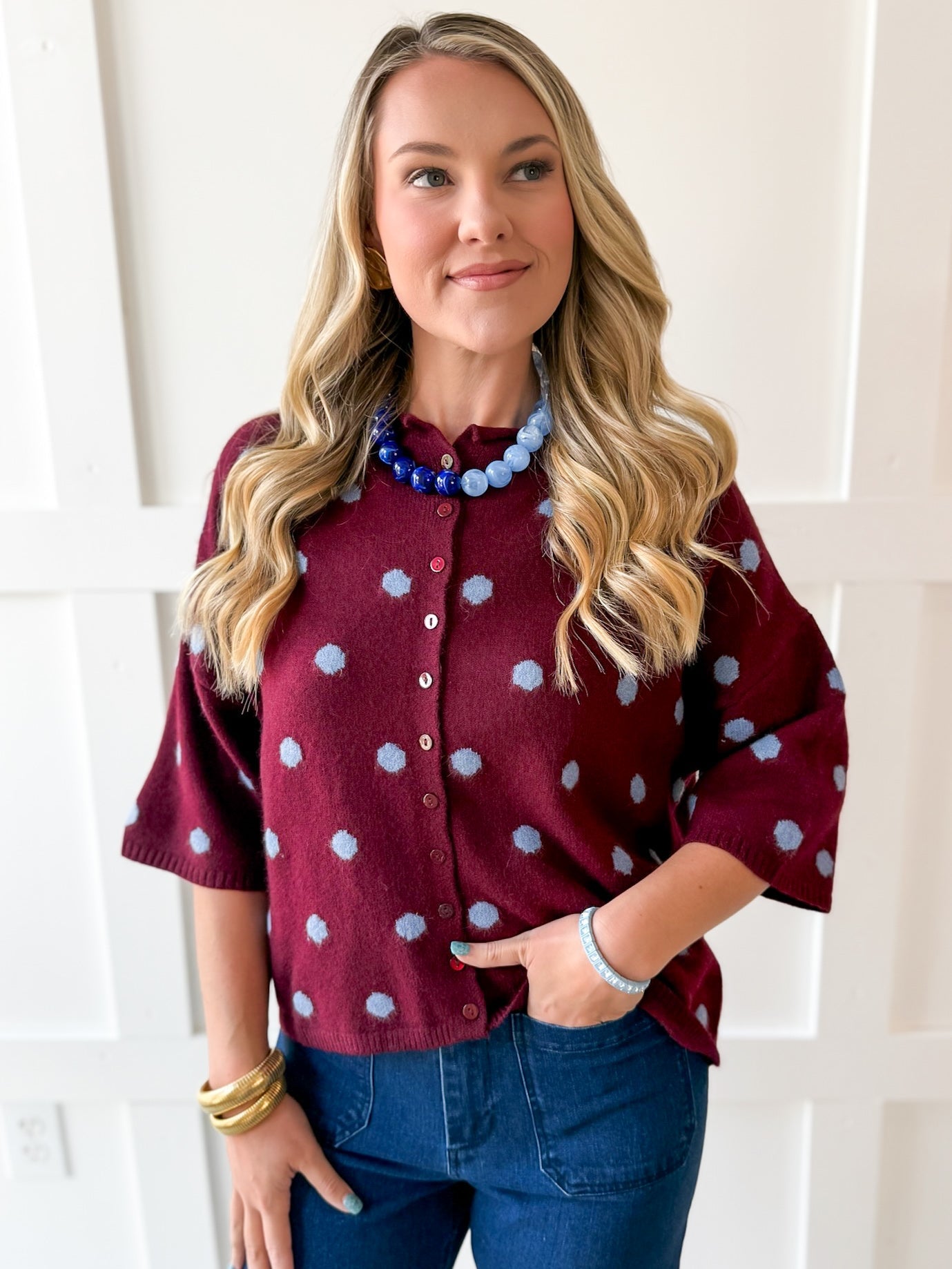 Polka Dot Oversized Knit Top- Burgandy