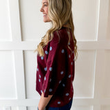 Polka Dot Oversized Knit Top- Burgandy