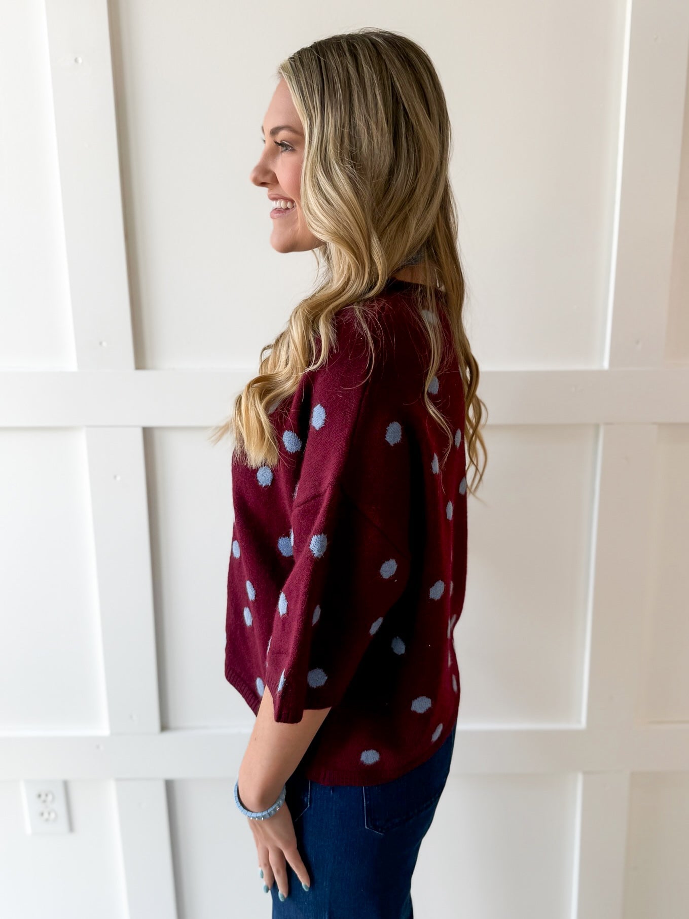 Polka Dot Oversized Knit Top- Burgandy