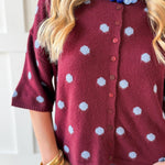 Polka Dot Oversized Knit Top- Burgandy