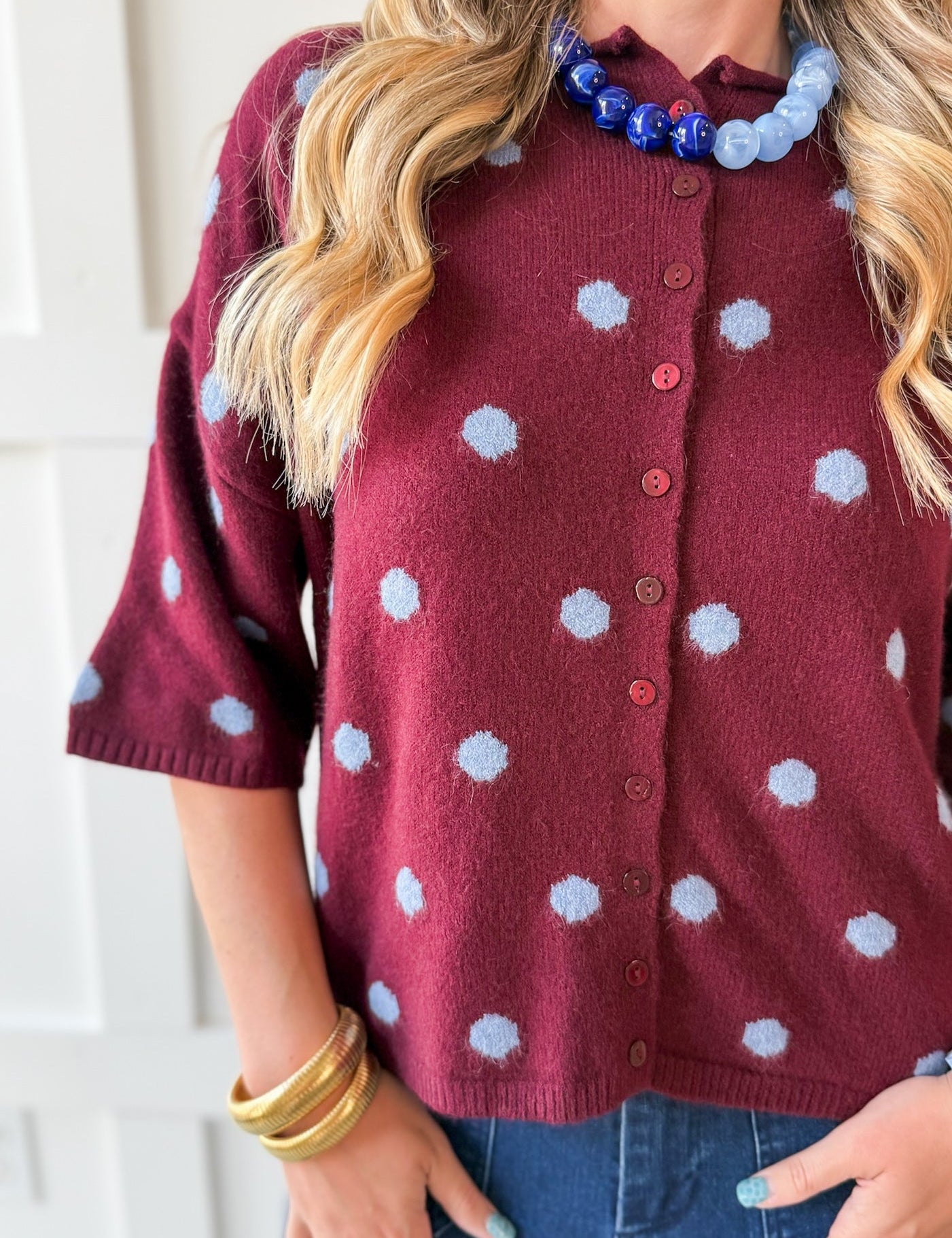 Polka Dot Oversized Knit Top- Burgandy