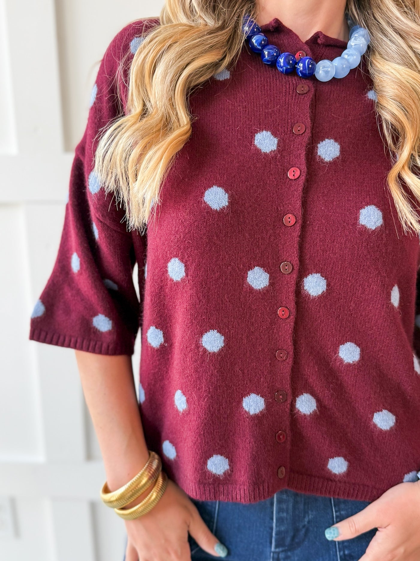 Polka Dot Oversized Knit Top- Burgandy