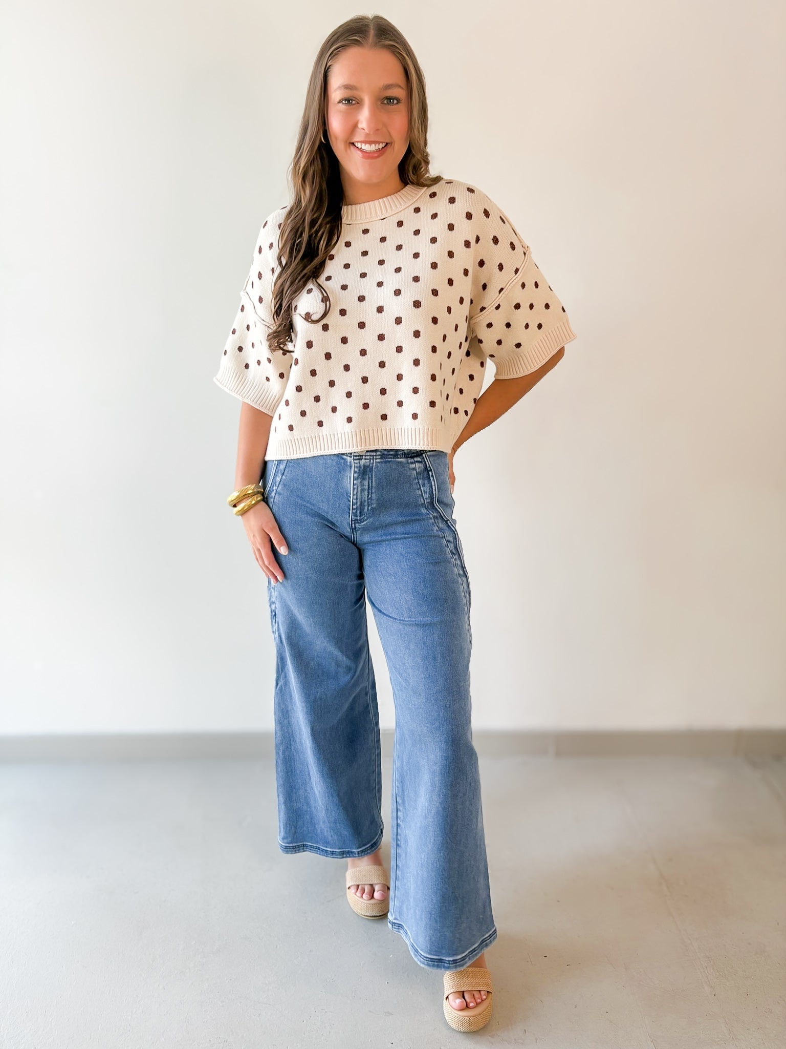 Polka Dot Oversized Knit Top- Ecru