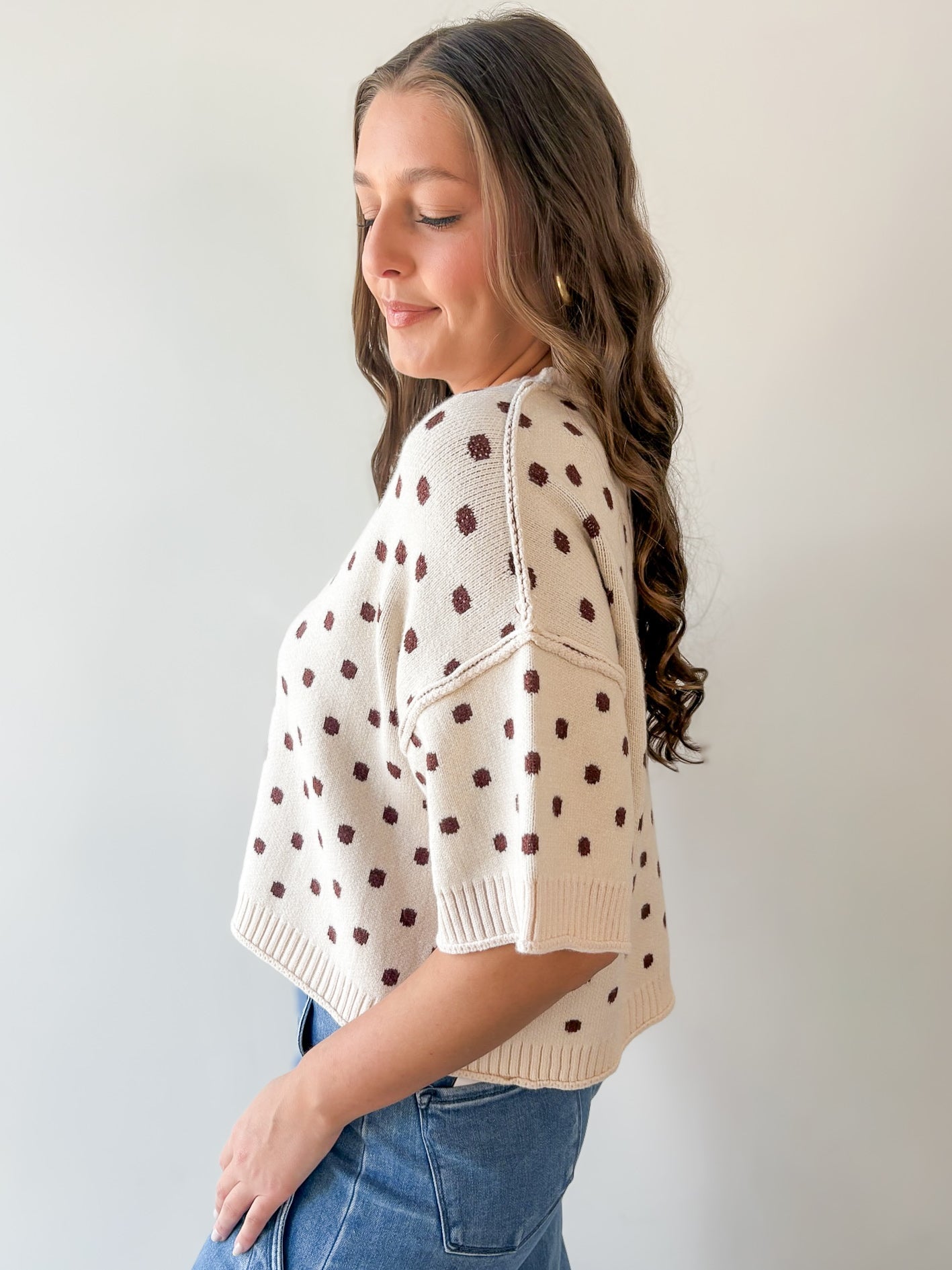 Polka Dot Oversized Knit Top- Ecru