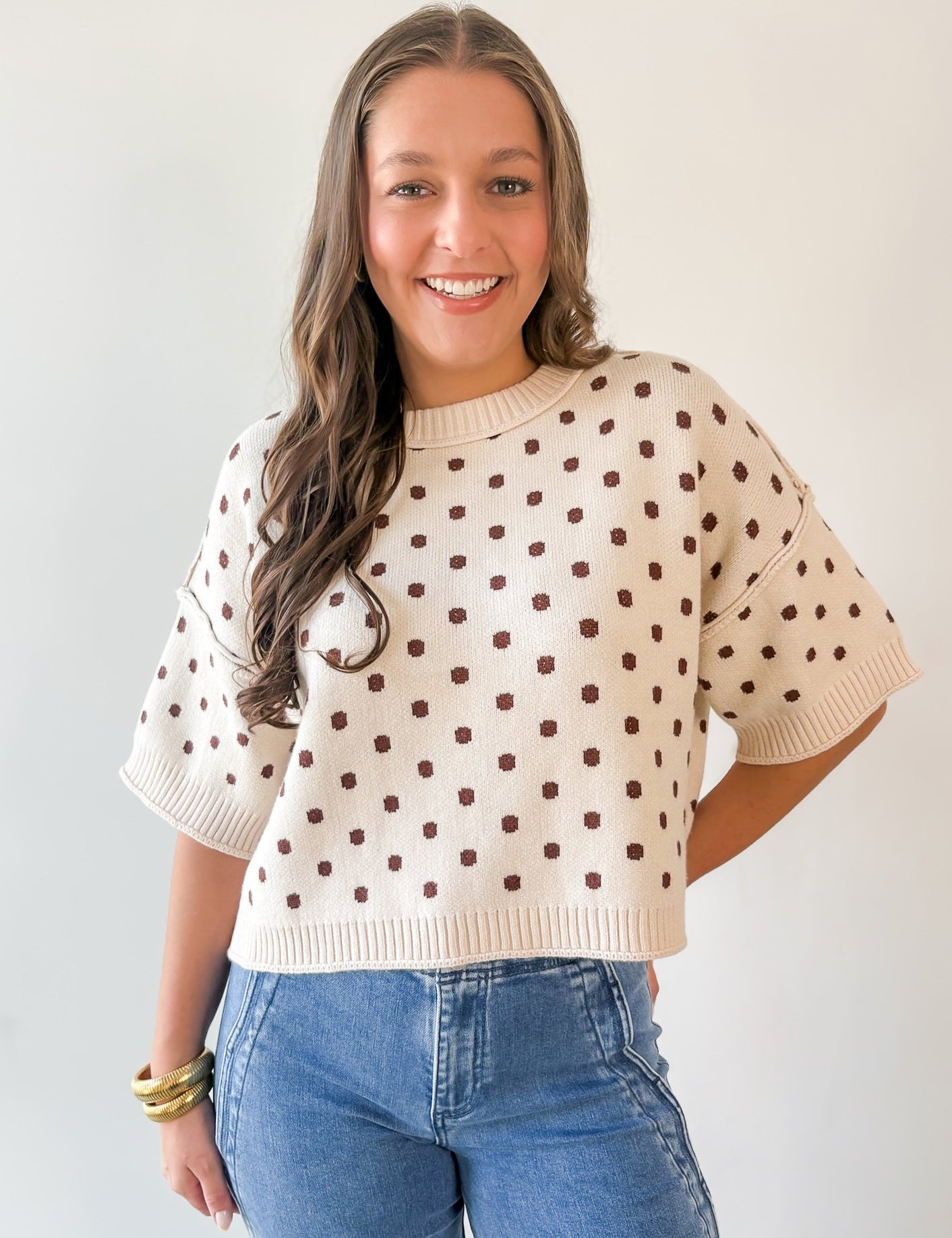 Polka Dot Oversized Knit Top- Ecru