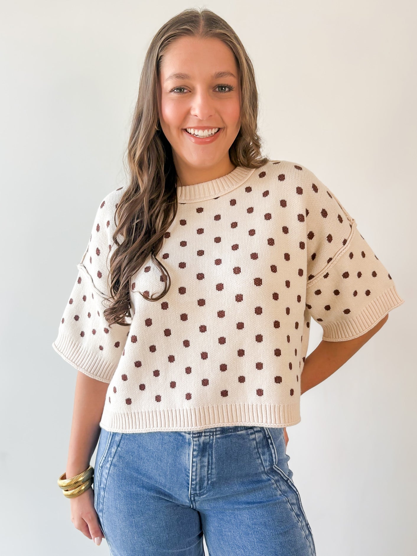 Polka Dot Oversized Knit Top- Ecru