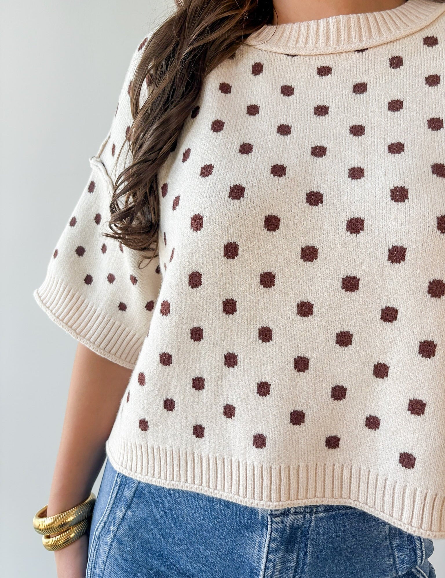 Polka Dot Oversized Knit Top- Ecru