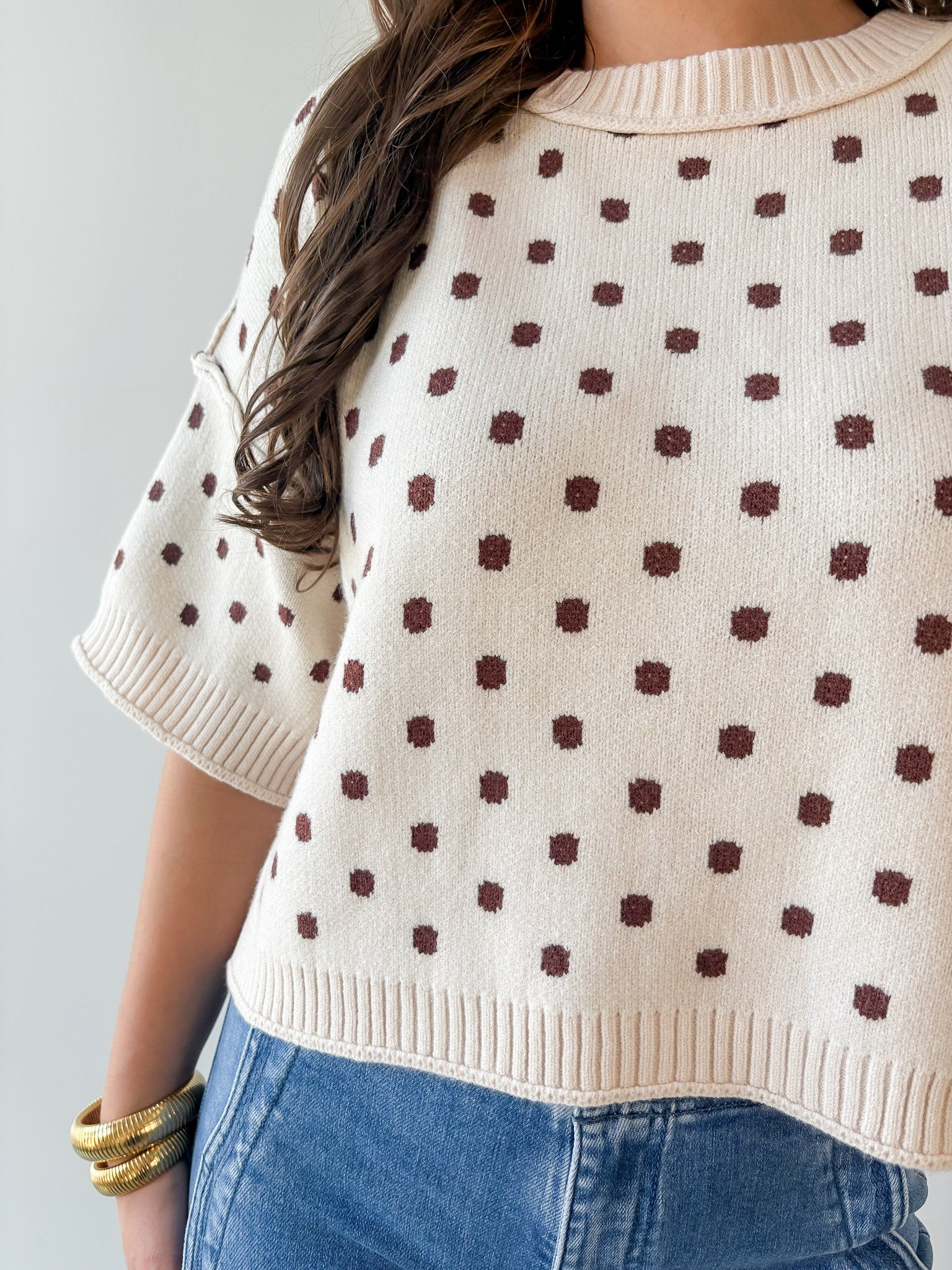 Polka Dot Oversized Knit Top- Ecru
