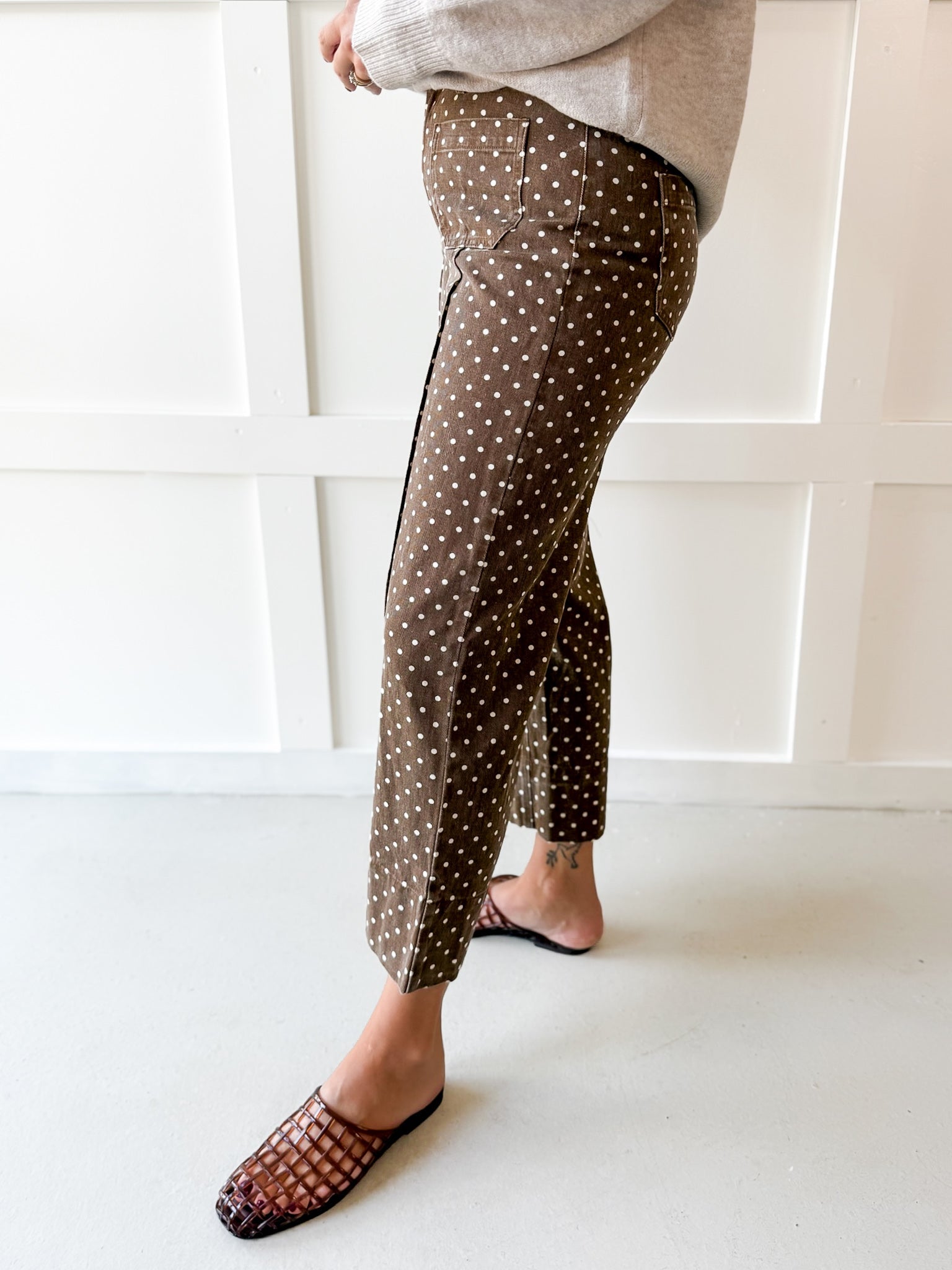Polka Dot Print Pants - Brown